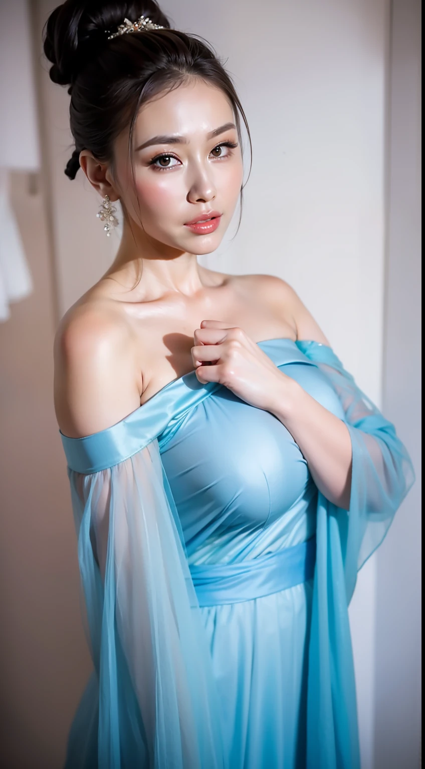 Fashion model 20 years old [[[[closeup cleavage]]]], [[[[boobgasm]]]], [[[[coll]]]], [[[[bshoulders]]]], perfect  eyes, Perfect iris，Perfect lips，perfect teeth，Perfect skin，Long face，slender nose，tall nose bridge，Soft front light，hdr，Movie girl，Simple hairstyle，light make-up，Casual，（pastel colour：1.2）