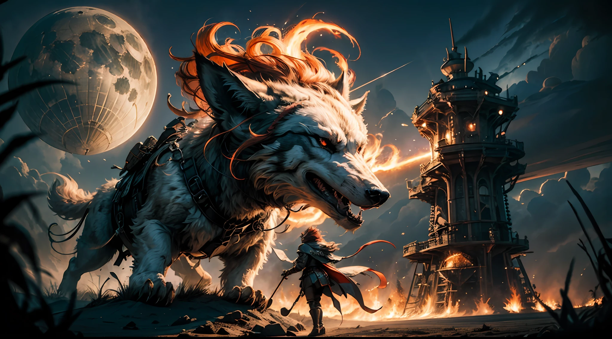 fantasy,Super battles,breathingfire,Discharge of,(Ride a giant wolf:1.4),The ground shook,best qualtiy,tmasterpiece,Works of masters,super-fine,16K resolution,Red,Detailed pubic hair,Accurate,