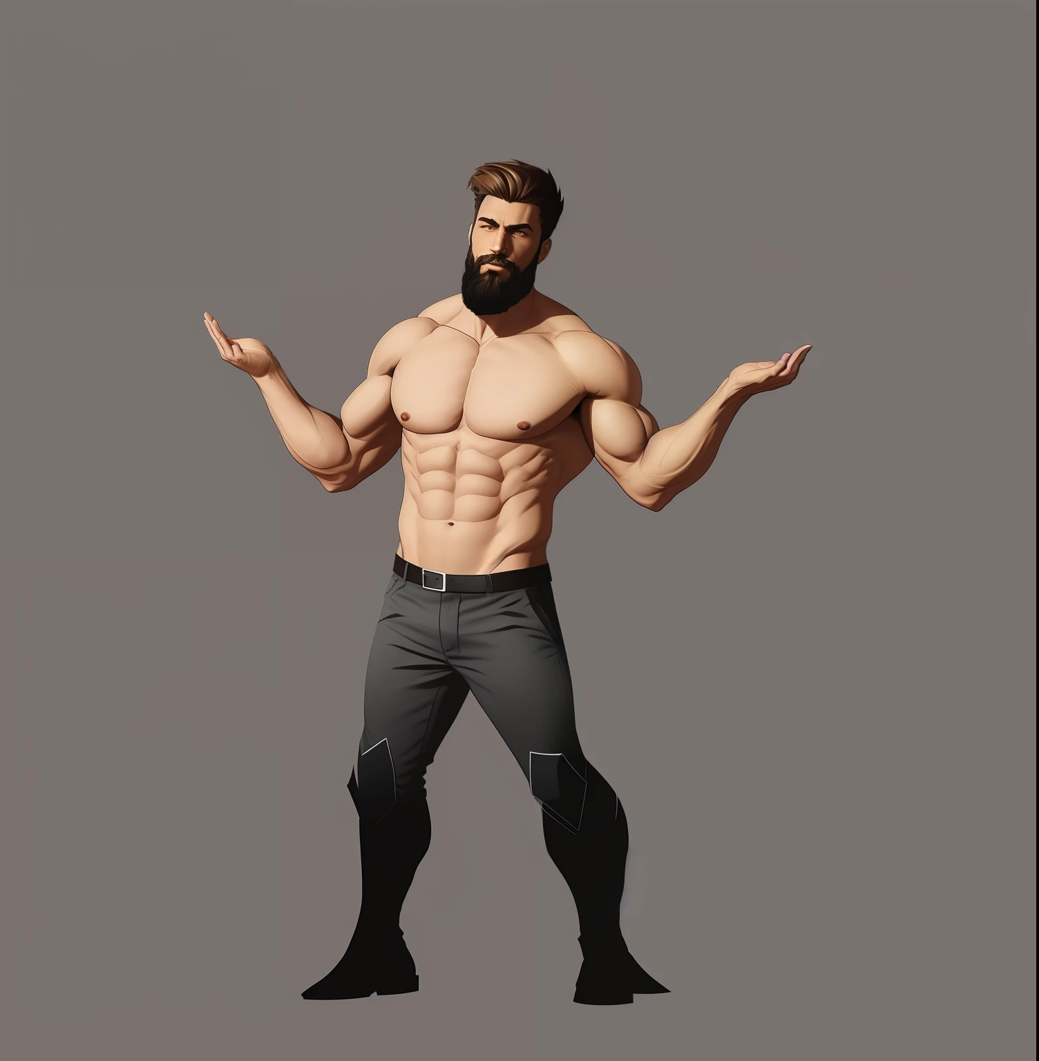 Drawing of a man with a beard and shirt, unrealistic character concept, full body concept, muscular character, full body character drawing, full body character concept, Character posing for concept art, Posing a character, Heroic male pose, Full Character Body, The character is standing, detailed full body concept, mid body portrait, concept character, Full-length portrait of a character, villain pose