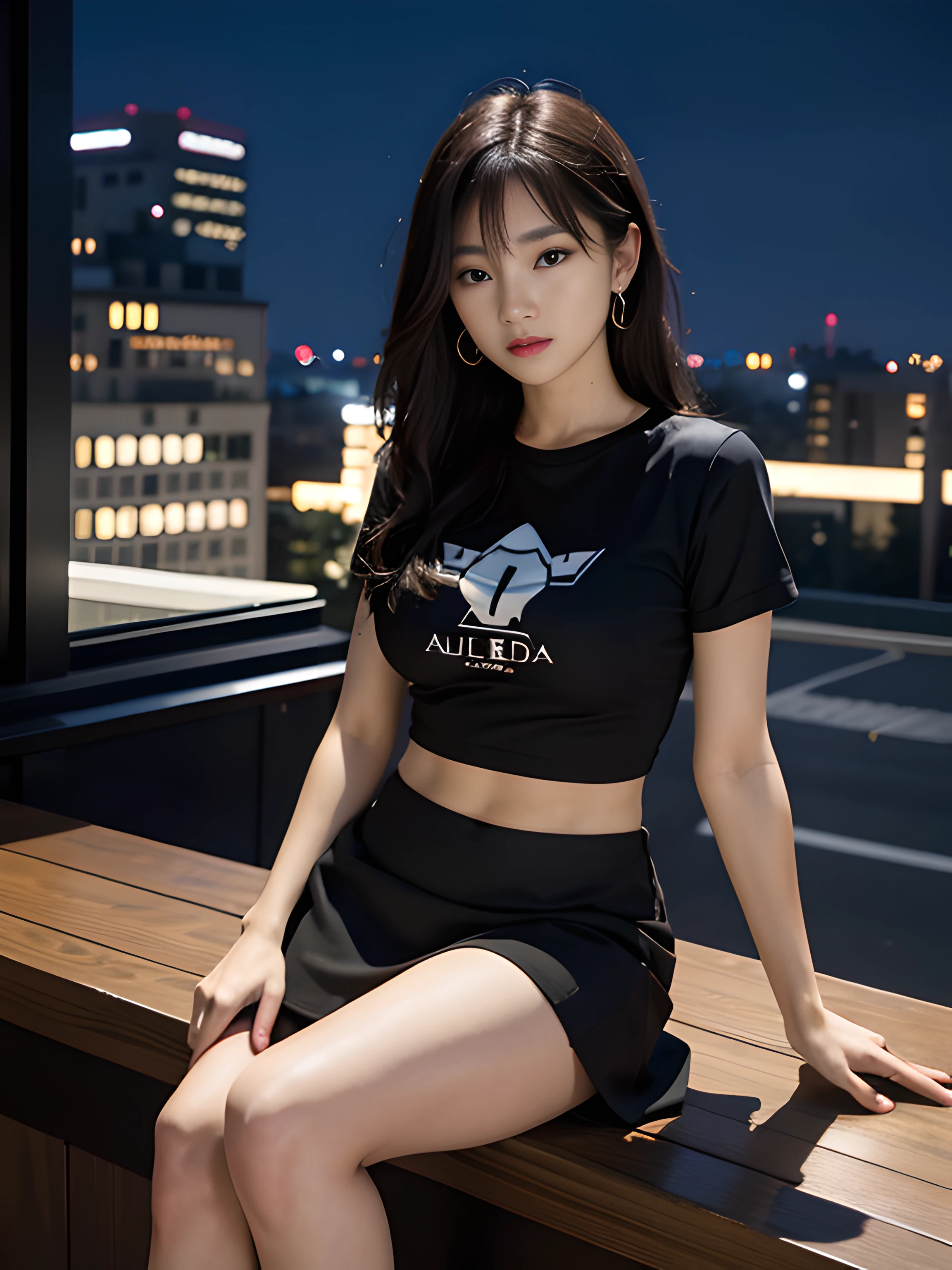（（midynight， Acura， 8K， tmasterpiece： 1.3））， full bodyesbian， long leges， Focalors： 1.2， perfect figure beautiful woman： 1.4， Slim abs： 1.1， （dark brown  hair，： 1.2 ））， （tight tshirt， short  skirt，sitting on a stool： 1.2）， （city night scene， the roof： 1.3））， Highly Detailed Face and Skin Textur， detailedeyes， 二重まぶた，