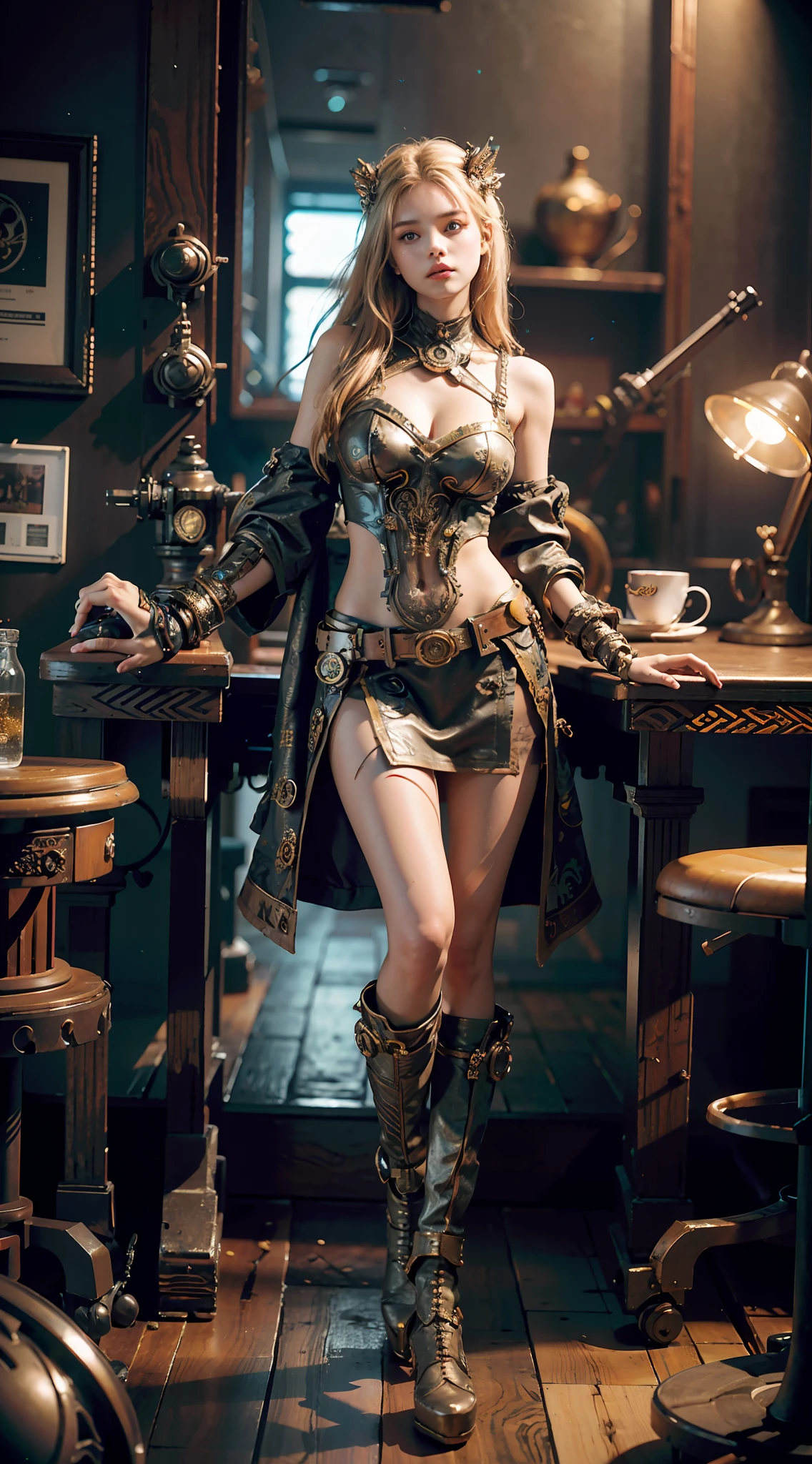 panorama, full body, best quality, masterpiece, super high resolution, (realism:1.4), absurdity, cinema lights, (best vista photos of mechanical girls), ((glow)), (blue dragon pattern on clothes), blonde, long hair, blue eyes, smile, delicate headdress, extremely detailed face, surrealism, steampunk, intricate design, extremely detailed, exquisite detail, HDR (high dynamic range), ray tracing, Unreal 5, subsurface scattering, PBR texture, post-processing, Anisotropic Filtering, Depth of Field, Maximum Sharpness and Acutance, Multi-layer Textures, Albedo and Highlight Maps, Surface Shading, Accurate Simulation of Light-Material Interactions, Perfect Proportions, Octane Rendering, Duotone Illumination, Low ISO, White Balance, Rule of Thirds, Wide Aperture, 8K RAW, High Efficiency Subpixels, Subpixel Convolution, Luminescent Particles, Light Scattering, Tyndall Effect