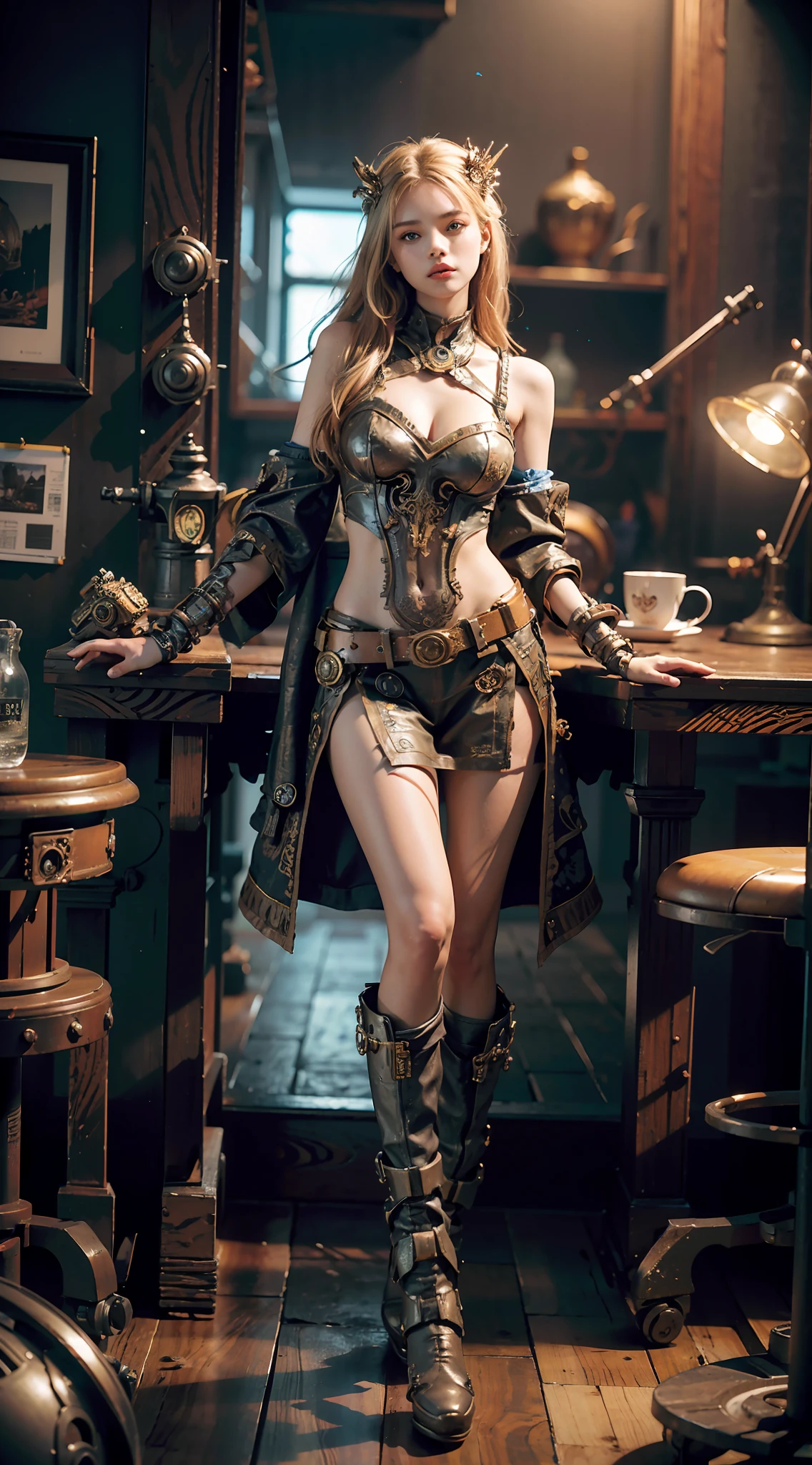 panorama, full body, best quality, masterpiece, super high resolution, (realism:1.4), absurdity, cinema lights, (best vista photos of mechanical girls), ((glow)), (blue dragon pattern on clothes), blonde, long hair, blue eyes, smile, delicate headdress, extremely detailed face, surrealism, steampunk, intricate design, extremely detailed, exquisite detail, HDR (high dynamic range), ray tracing, Unreal 5, subsurface scattering, PBR texture, post-processing, Anisotropic Filtering, Depth of Field, Maximum Sharpness and Acutance, Multi-layer Textures, Albedo and Highlight Maps, Surface Shading, Accurate Simulation of Light-Material Interactions, Perfect Proportions, Octane Rendering, Duotone Illumination, Low ISO, White Balance, Rule of Thirds, Wide Aperture, 8K RAW, High Efficiency Subpixels, Subpixel Convolution, Luminescent Particles, Light Scattering, Tyndall Effect