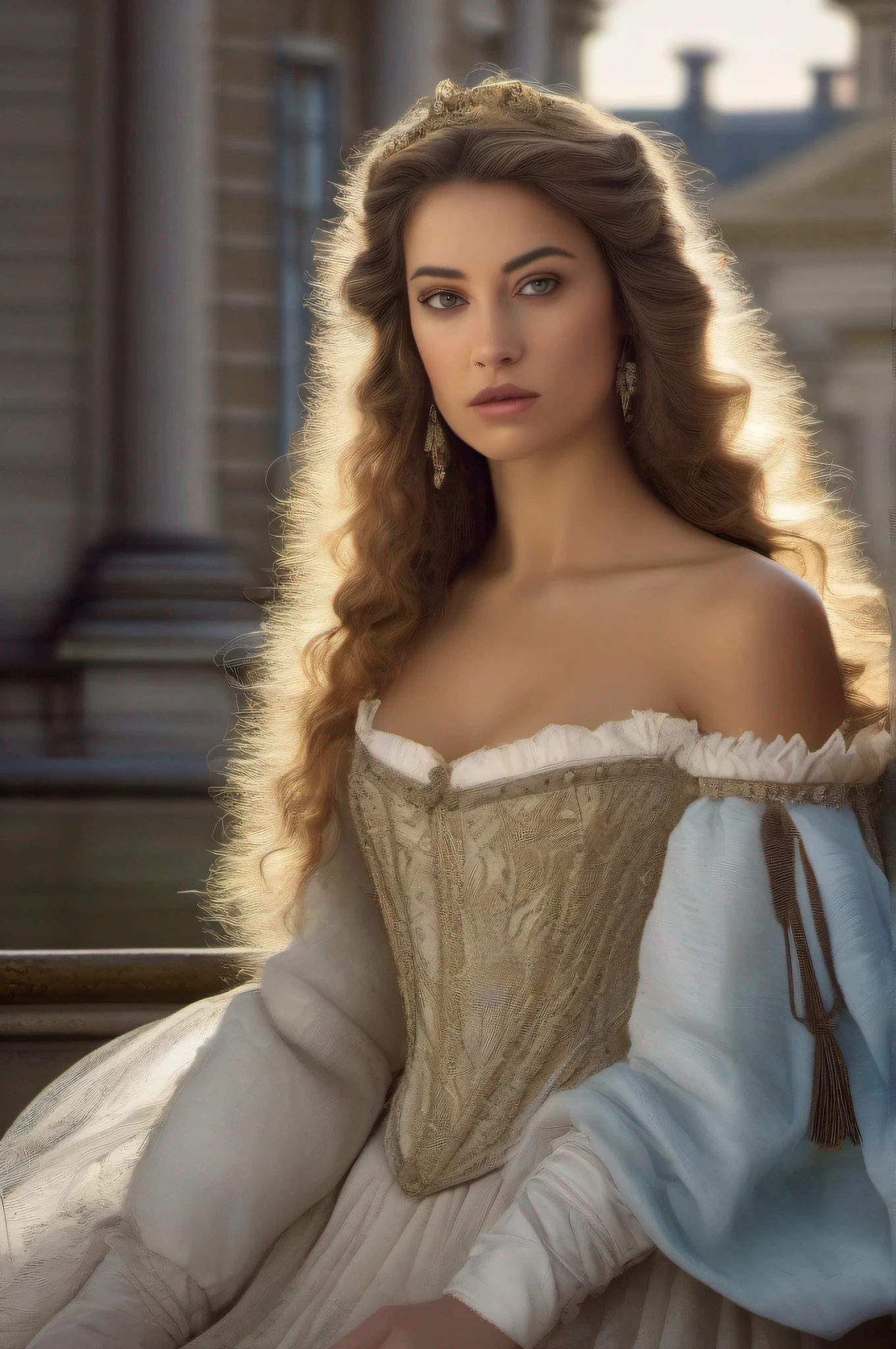 (Constance Bonacieux)++ a beautiful woman, as in the movie (The Three Musketeers D'artagnan)++,
in an white dress with a deep cut in front, dark lips, her eyes is blue, at Buckingham Palace,
The photo is a detailed portrait, resolution art by Viktor Vasnetsov, hyper detailed, volumetric lighting, elegant and highly realistic, UHD, UDR, 32K