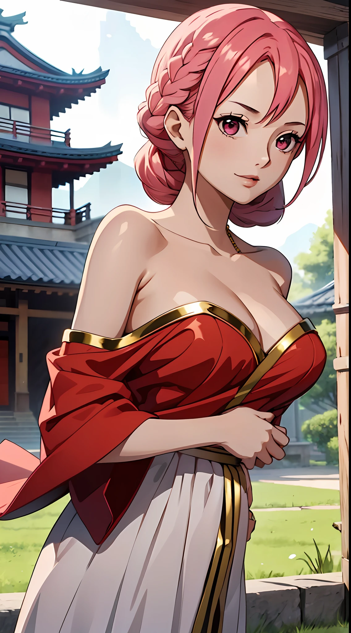 （tmasterpiece），one-girl， breast，(Be red in the face)，A pink-haired，Redlip，cleavage，(Off-the-shoulder attire:1.2)，Bust photo，looks into camera，sportrait，ssmile，Gold clothes，Fighting posture，Japanese-style ancestral hall，large gate，SakuraNS，4k画质，The most beautiful face，White skin of the，