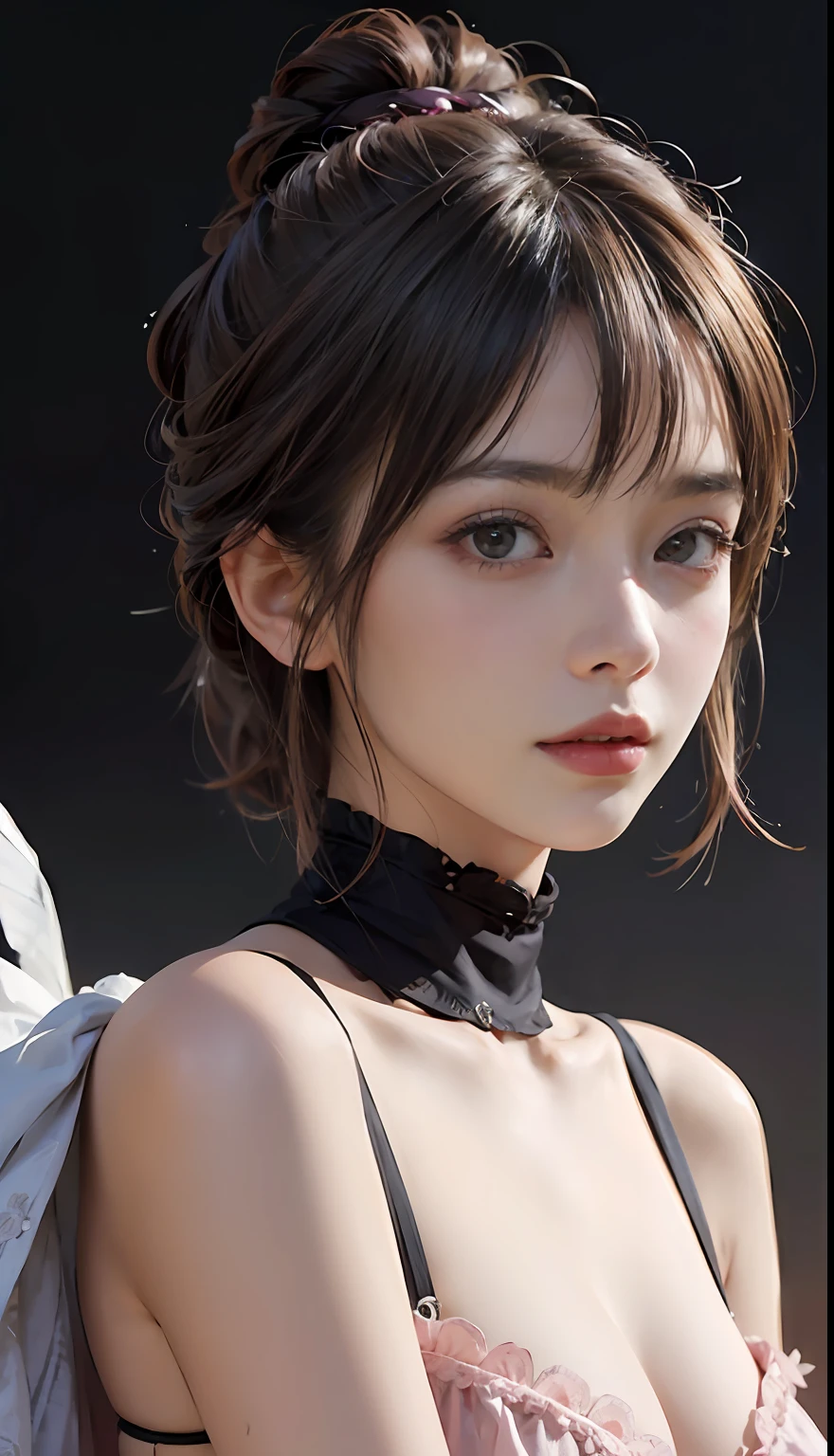 (Raw photography、top-quality)、(realisitic、Photorealsitic:1.3)、top-quality、masterpiece、extremely delicate and beautiful、A highly detailed、nffsw、A sense of unity、2k wallpaper、magnifica、Beautiful in every detail、masterpiece、浅笑、top-quality、Highly detailed ticker Unity 8K wallpapers、huge filesize、ultra-detailliert、hight resolution、ighly detailed、Female 1 Person、Slim body、D-cups、(Black Leotard Top:0.7)、(Pink skirt:1.2)、(Bun hair)、(brown haired)、looking at viewert、Sharp Focus、Face Close-up、NSFW、、、、pureerosface_v1:0.8 Short Hair、