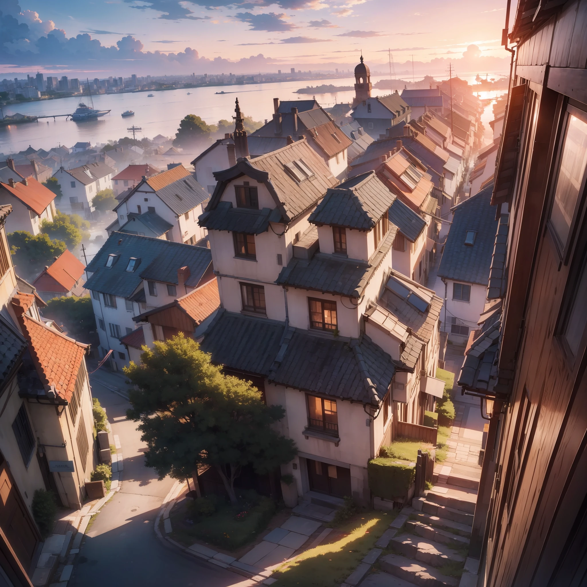 (Masterpiece) looking from above from an old tower overlooking the city, clouds on the horizon, vibrant colors, intense colors, Ghibli, sunset time,