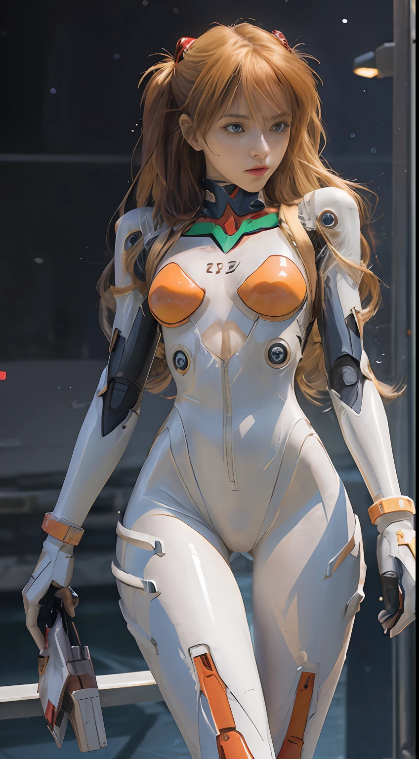 (realistic: 1.3) (original: 1.2), masterpiece, best quality, (((beautiful clean face))), fullbody, ((robot girl, mecha)), broken armor, mechanical halo, mechanical arms, white hair, long hair, ceramic body, thigh gap, small breast, cyber background, extreme detailed city, EVA 02,Souryuu Asuka Lanley,(translucent body, reflection skin), 8k, best quality, ultra detailed, (hyperrealistic:1.4),