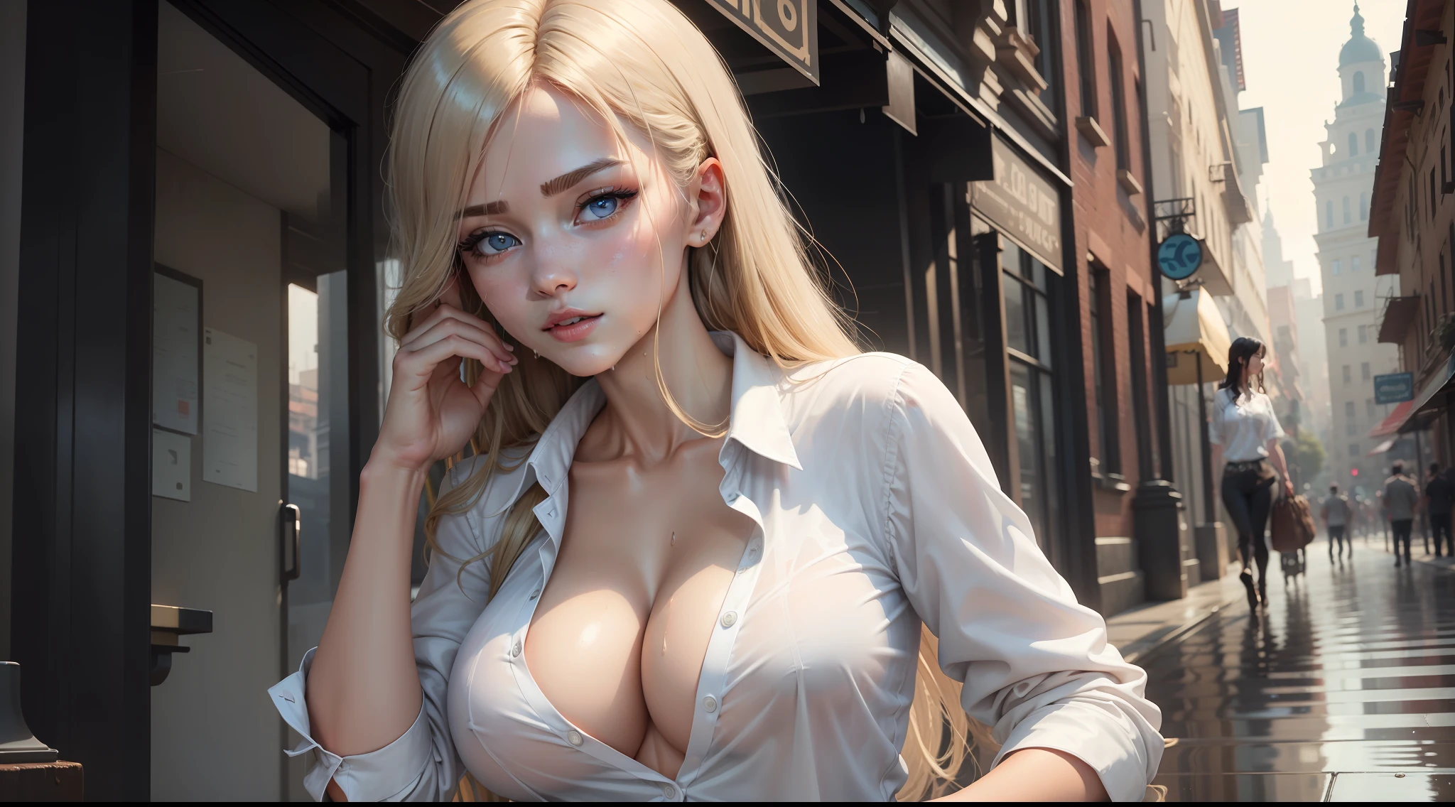 ((Best Quality, 8K, Masterpiece: 1.3)), Sharp: 1.2, Perfect Body Beauty: 1.4, Slim Abs: 1.2, ((Layered Hairstyle, Big Breasts: 1.2)), (Wet White Button Long Shirt: 1.1), (Rain, Street: 1.2), Wet: 1.5, Highly detailed face and skin texture, detailed eyes, double eyelids, side face looking at the camera