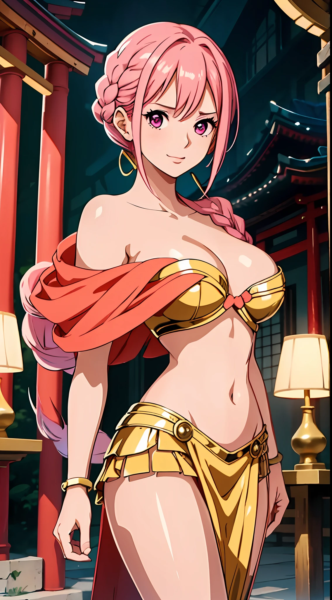 （tmasterpiece），one-girl，little breast，(Be red in the face)，A pink-haired，Redlip，cleavage，(Off-the-shoulder attire:1.2)，Bust photo，looks into camera，sportrait，ssmile，Gold clothes，Fighting posture，Japanese-style ancestral hall，large gate，SakuraNS，4k画质，The most beautiful face，White skin of the，