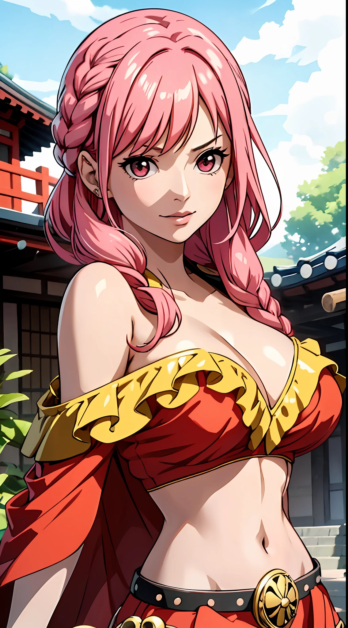 （tmasterpiece），one-girl，little breast，(Be red in the face)，A pink-haired，Redlip，cleavage，(Off-the-shoulder attire:1.2)，Bust photo，looks into camera，sportrait，ssmile，Gold clothes，Fighting posture，Japanese-style ancestral hall，large gate，SakuraNS，4k画质，The most beautiful face，White skin of the，