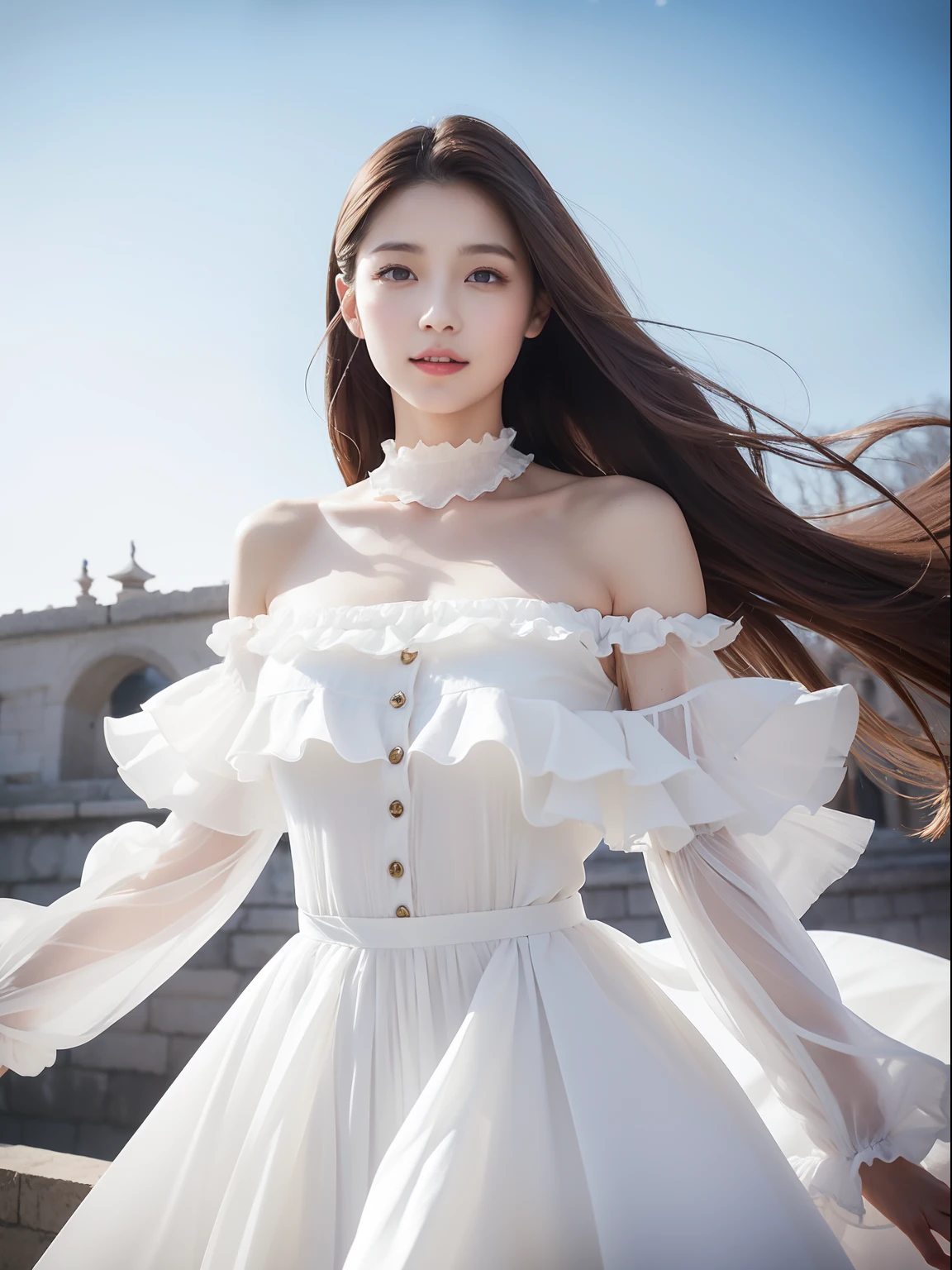 there is an ancient palace beside the girl, a extremely delicate and beautiful girl, photorealistic, incredibly absurdres, Abstract art, Show from the hips to the shoulders, grabbing, extremely detailed body, woman, young,20 years old, very long hair, floating hair, light brown hair, two-tone hair, beautiful detailed hair, delicate beautiful face, light smile, clear eyes, parted_lips, black eyes, neck_ribbon, frilled_dress, jacket, white Clothes, floating palace, beautiful and clear background, beautiful sky, bloom, very precise detailed, absurdres, extremely CG,