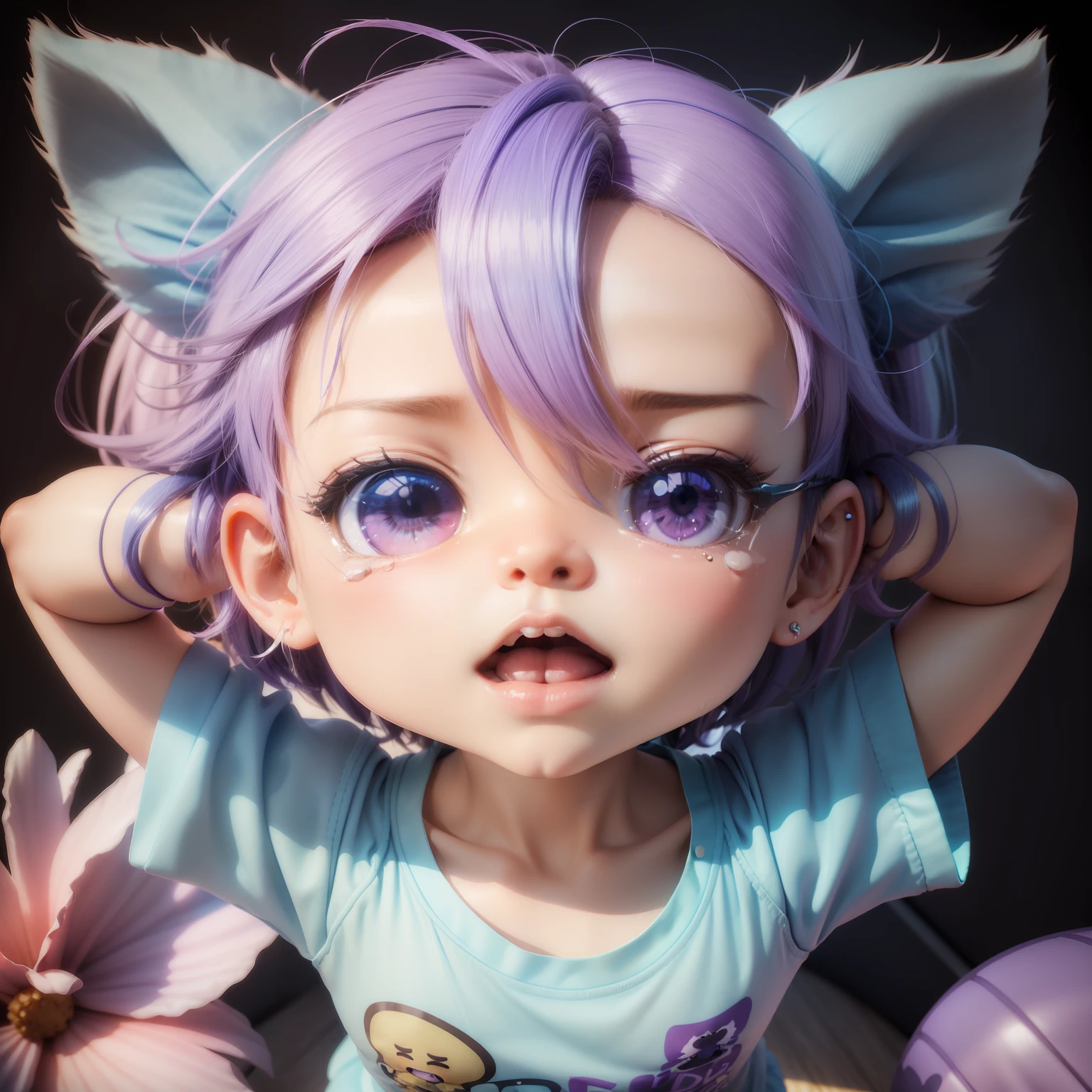 (((Chibi 3D)))Cute and beautiful chibi anime,Bob style hair mixed with light blue and blue、Wearing purple colorful t-shirt,upperbody shot,is crying,Tears,Screaming,「Spread your hands and bring them to the side of your face、「hello」Let's call out loud」 Summer Beach,