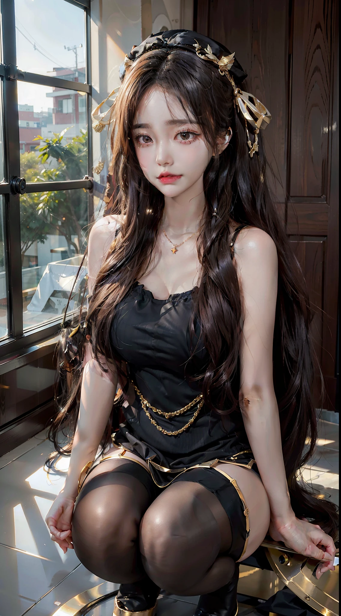 Young girls，The breeze hat ribbon is seductive and energetic，Blurred，Extinction，moving，seductiv，Soft natural light，squatting pose，Gold-plated black stockings，Star pupil hair ornament necklace jewelry
Wavy detail hair，Metallic glossy robot joints fine metal wing