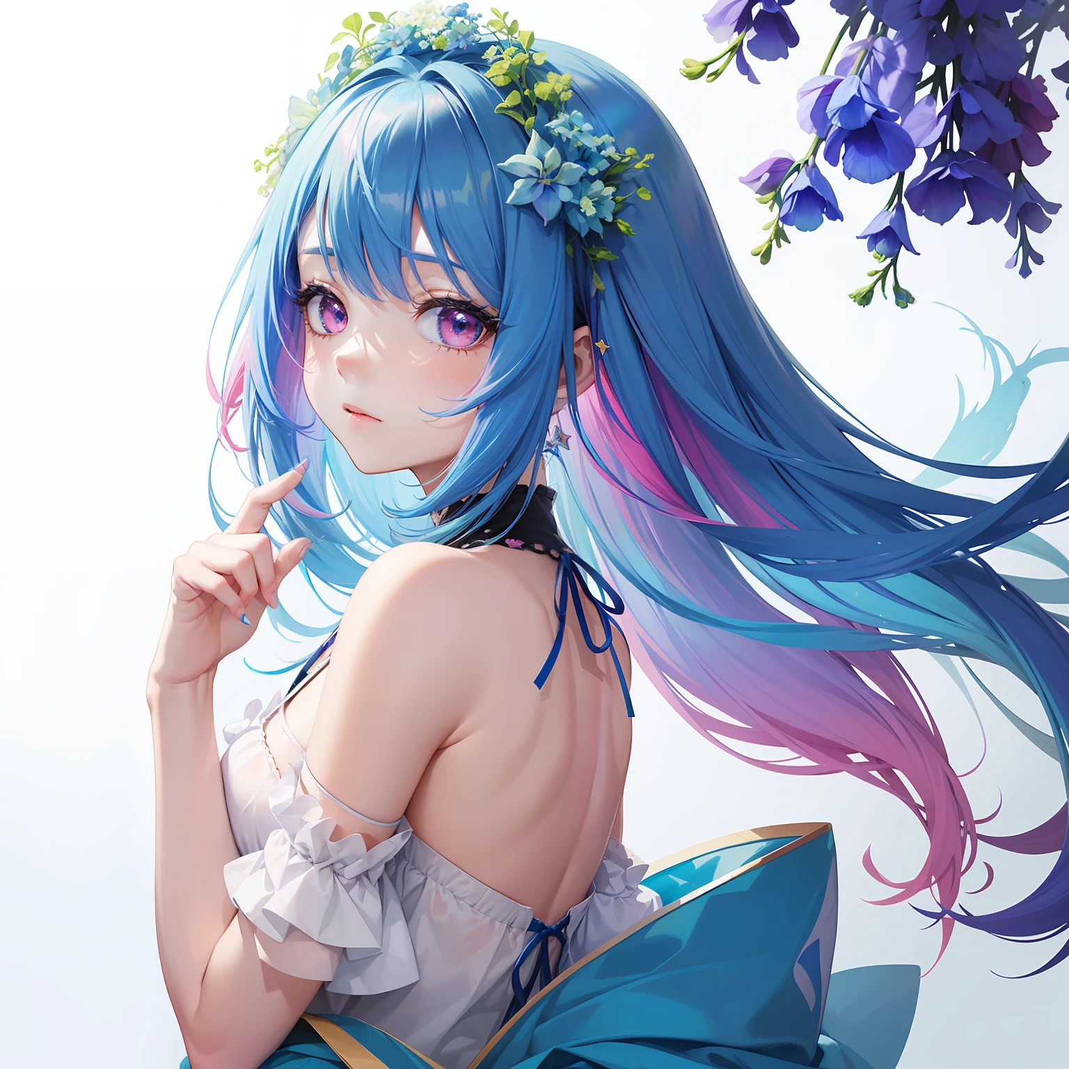 watercolor paiting(Beautifully Aesthetic:1.2)、(1girl in:1.3)、The upper part of the body、(Delphinium hair、colourful hair、Half blue and half pink hair:1.2)、Eau、liquids、clouds、colourfull、starrysky、stele、