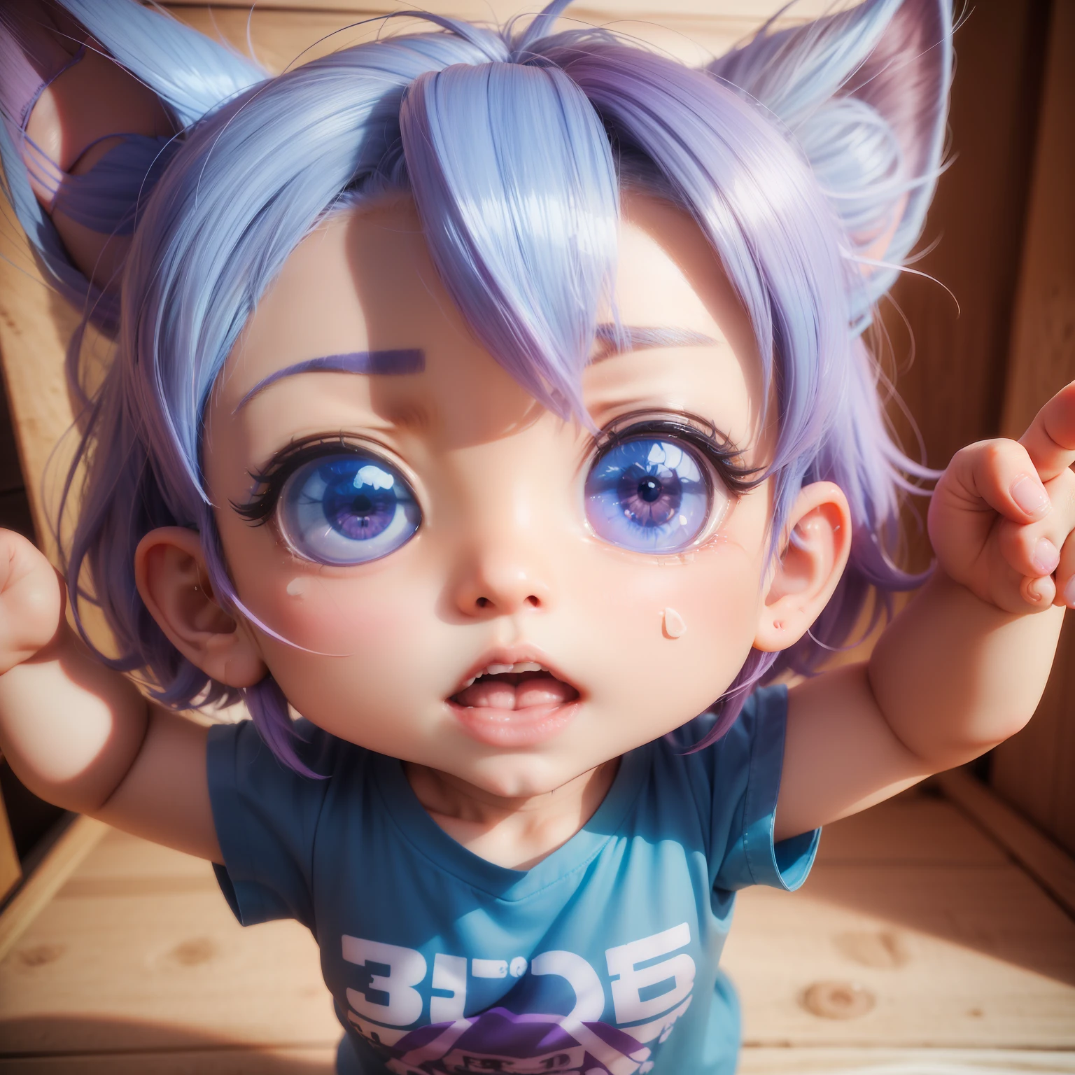 (((Chibi 3D)))Cute and beautiful chibi anime,Bob style hair mixed with light blue and blue、Wearing purple colorful t-shirt,upperbody shot,is crying,Tears,Screaming,「Spread your hands and bring them to the side of your face、「hello」Let's call out loud」 Summer Beach,