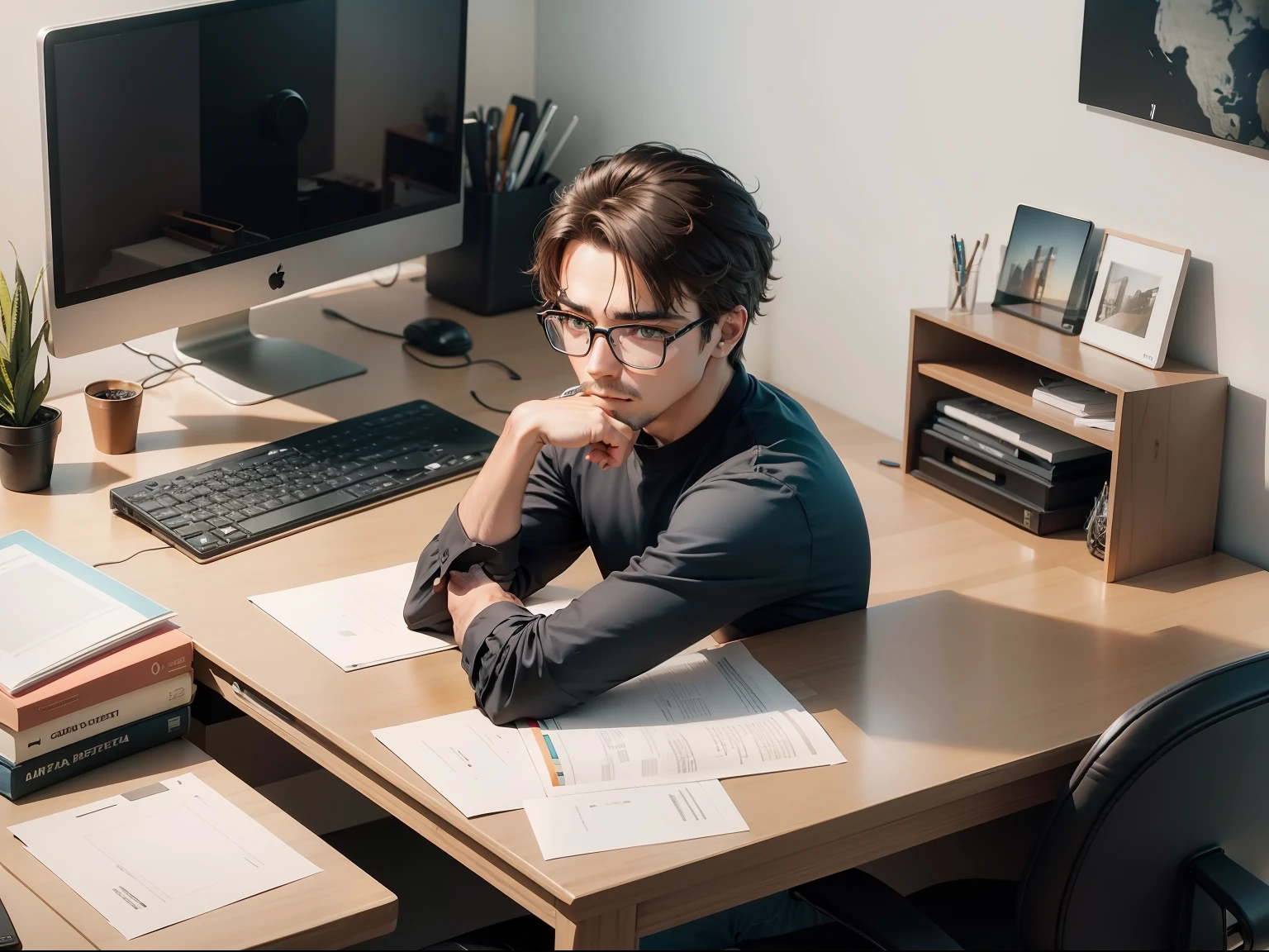 Mesa criativa: uma foto um homem sentado em uma mesa de trabalho, with an inspired look and surrounded by papers, canetas, a computer and other tools you use to work on your home business.