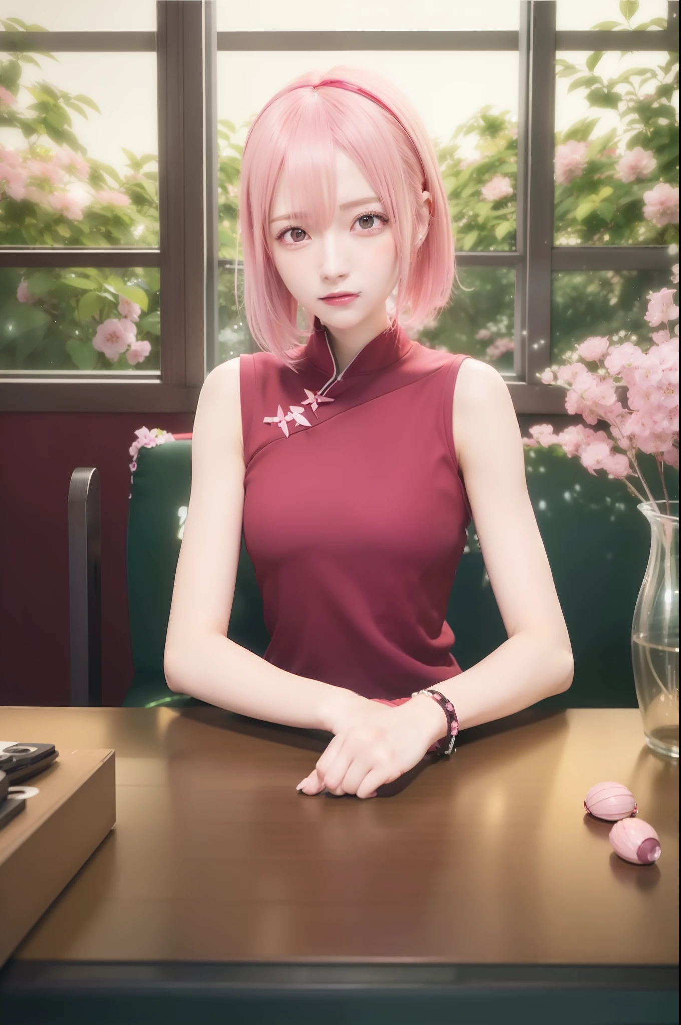 (( 1 girl )), (( sakura haruno)), ((red clothes )), (( pink hair )), (( short hair )), (( red bando)), (( green eyes)) ((Best quality)), ((masterpiece)), (detailed:1.4), 3D, an image of a beautiful cyberpunk female,HDR (High Dynamic Range),Ray Tracing,NVIDIA RTX,Super-Resolution,Unreal 5,Subsurface scattering,PBR Texturing,Post-processing,Anisotropic Filtering,Depth-of-field,Maximum clarity and sharpness,Multi-layered textures,Albedo and Specular maps,Surface shading,Accurate simulation of light-material interaction,Perfect proportions,Octane Render,Two-tone lighting,Wide aperture,Low ISO,White balance,Rule of thirds,8K RAW,