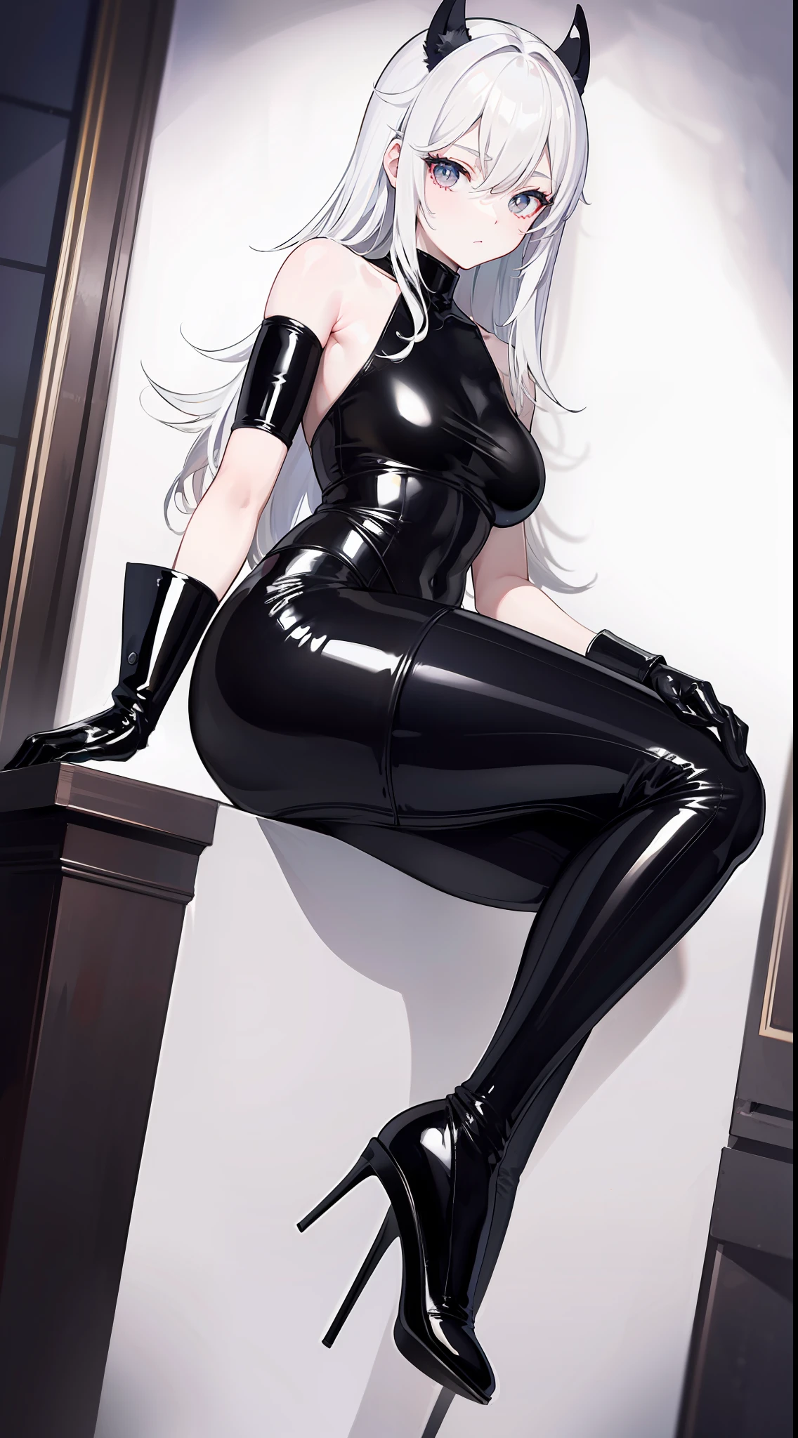 （（tmasterpiece））, （（high qulity, best qualtiy））, （（best detail））, （4K），（（More attention to detail）），A girl with short white wavy hair，Wear black latex leggings and black high heels，（There is a stylish white translucent short coat on the upper body），Wear long black latex gloves，Gray eye，（（with fair skin）），（（White skin and beautiful appearance）），（（slimfigure）），（plumw），（adolable），（Thrill the audience with a sexy body），（（Let men be impulsive when they see it、exhilarated、oestrus、Can't help but get an erection））