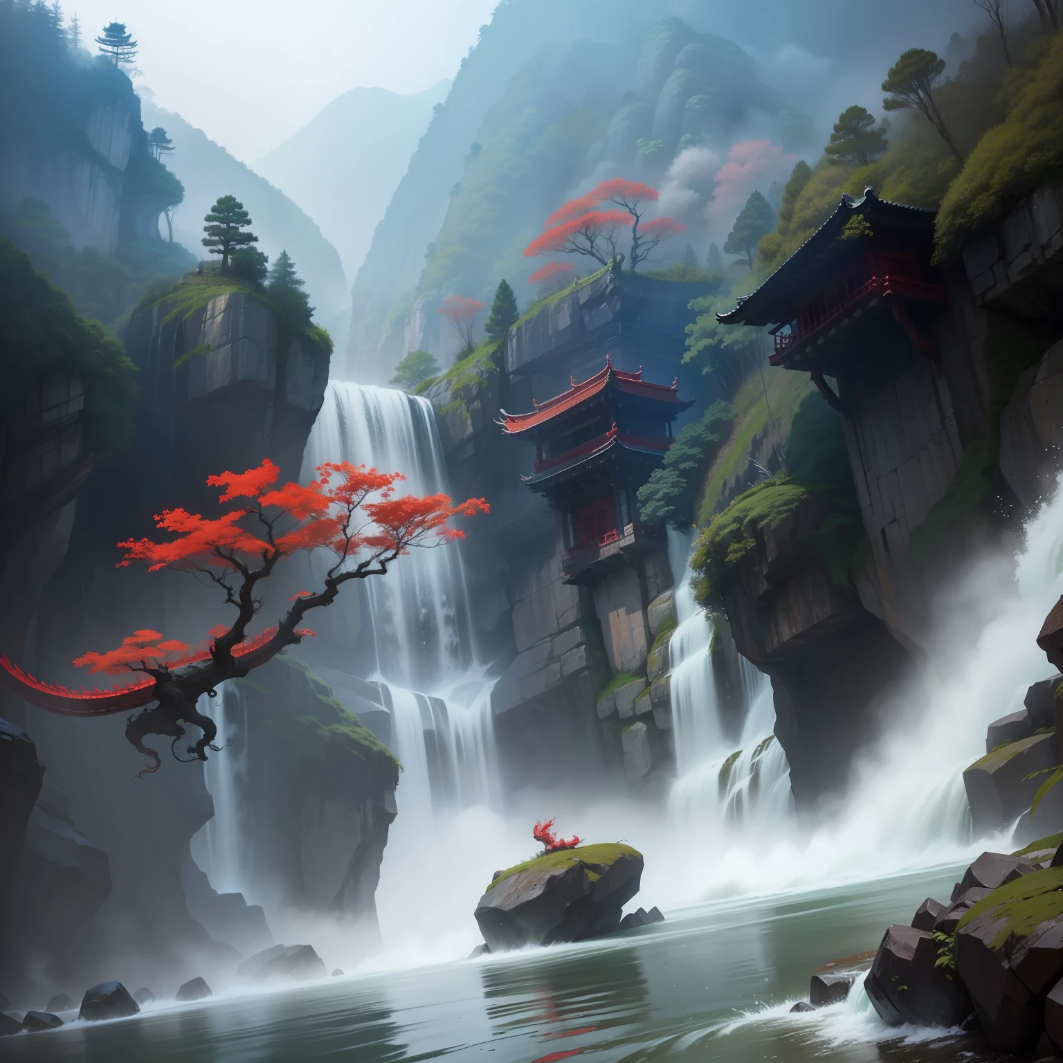 Lushan wonderland，A red flying dragon under the waterfall