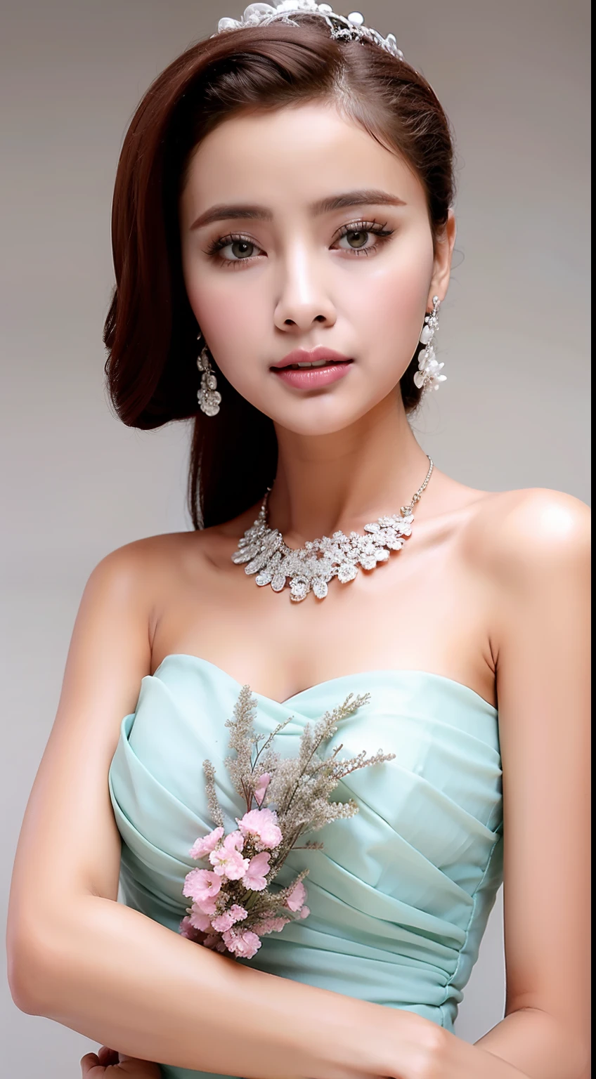 Fashion model 18 years old [[[[closeup cleavage]]]], [[[[boobgasm]]]], [[[[coll]]]], [[[[bshoulders]]]], perfect  eyes, Perfect iris，Perfect lips，perfect teeth，Perfect skin，Long face，slender nose，Soft front light，hdr，Movie girl，on cheongsam，long whitr hair，Long hair with a shawl，Long hair like a waterfall，Green trees and flowers in the background，（pastel colour：1.2）