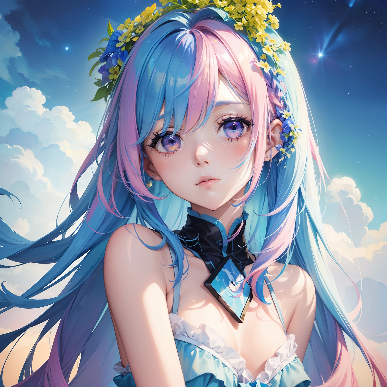 watercolor paiting(Beautifully Aesthetic:1.2)、(1girl in:1.3)、The upper part of the body、(Delphinium hair、colourful hair、Half blue and half pink hair:1.2)、Eau、liquids、natta、colourfull、starrysky、stele、nigh sky、a dark night、Sad face