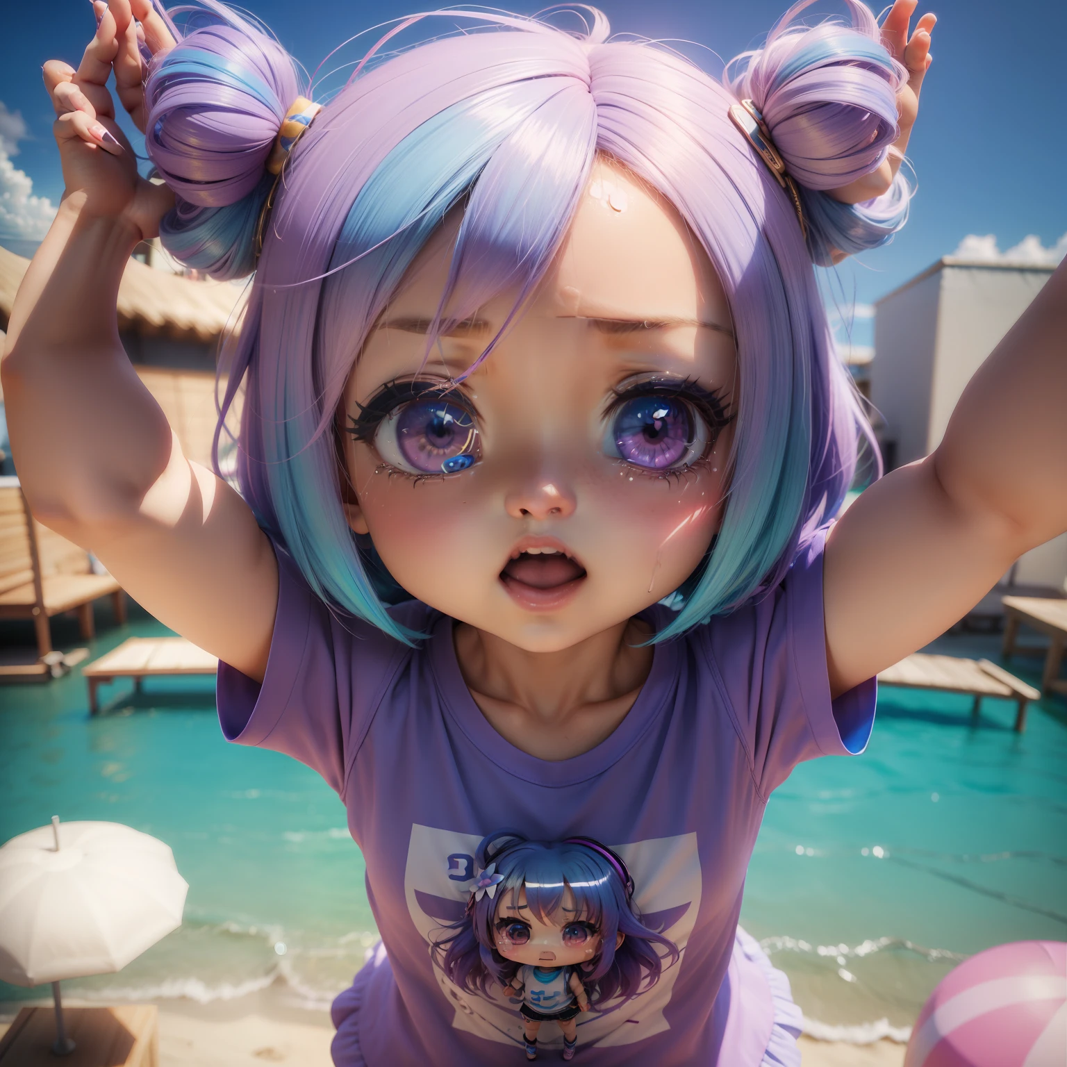 (((Chibi 3D)))Cute and beautiful chibi anime,Bob style hair mixed with light blue and blue、Wearing purple colorful t-shirt,upperbody shot,is crying,Tears,Screaming,「Bring it to the side of your face with your hands outstretched、「Hello」Let's call out loud」 Summer Beach,