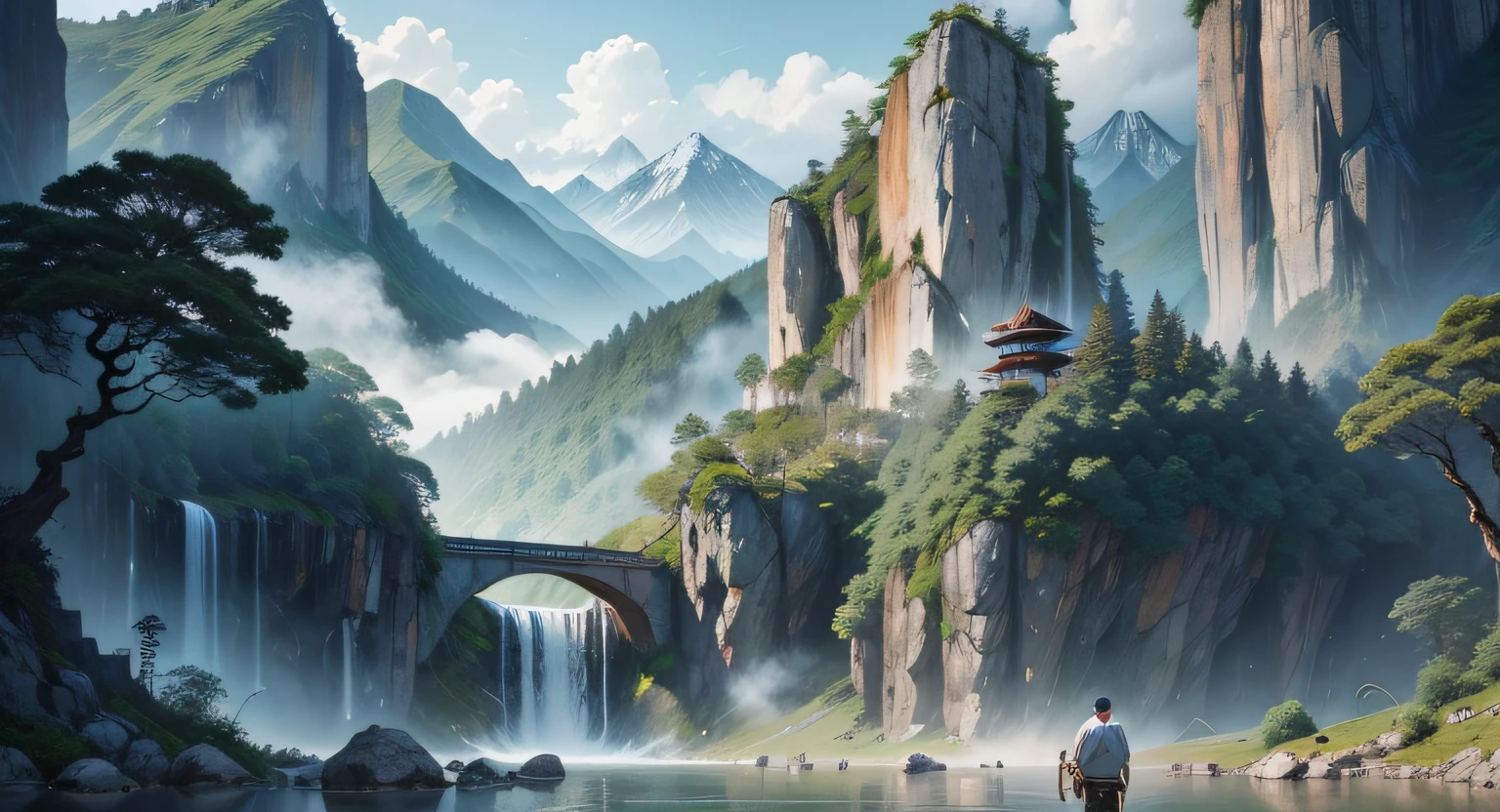 Traveler from coast to camera,Looking at there are mountains、Scenery of rivers and forests,In the distance is the bustling city of China, ancient China、springtime、jungles、lakes、hole in the mountains、waterfallr,The tree、grassy fields、Rochas、fawn、hot onsen、hydrosphere、(illustratio:1.0)、Epic composition、Realistic lighting、high definition detail、tmasterpiece、Best quality,(非常详细的 CG 统一 8k 壁纸)