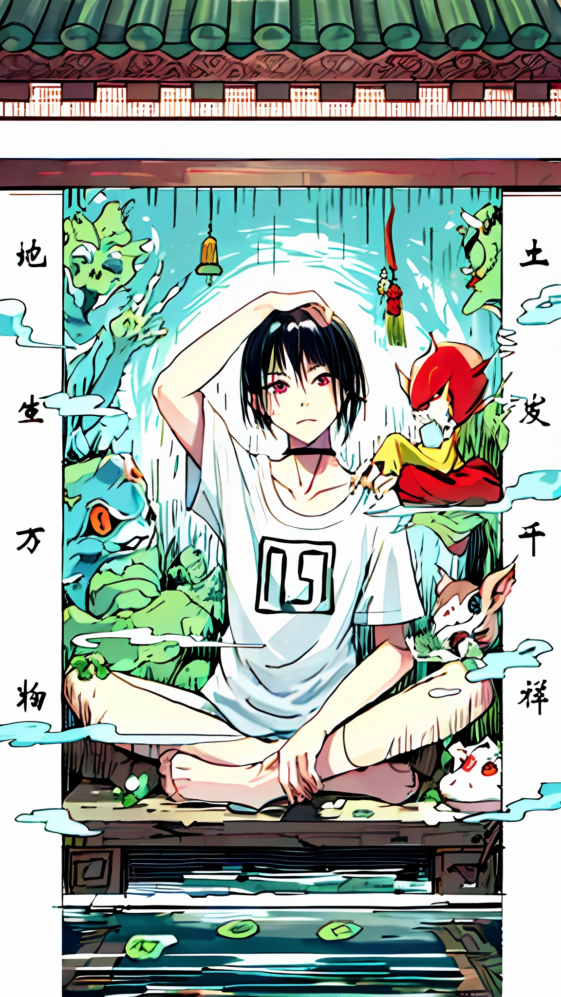 tmasterpiece,Best quality at best,Girl sitting,There are a lot of goblins behind them,altar,Ingots,with short black hair,whitet-shirt,frogs,((Leprechaun)),banya,Lots of eyes,Strange yokai,ponds,Lotus leaf,White paper money,red roofs,white wall,Chinese style buildings,China-style