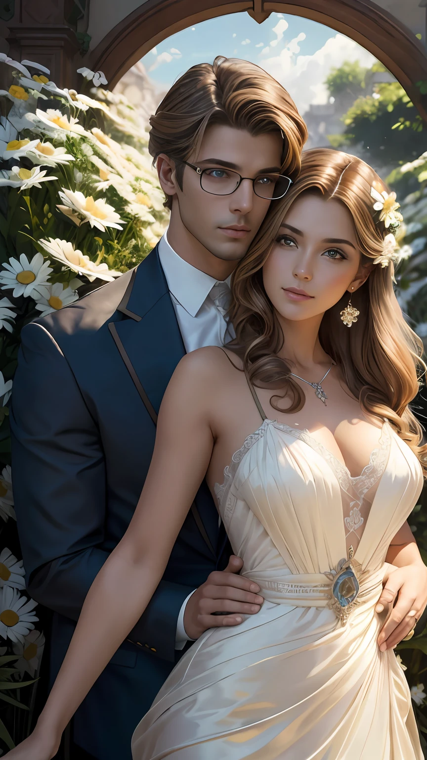 Casal se beija um home e uma mulher com muito carinho, the man Neels Visser is a prince who has light brown hair, He wears a pair of glasses and wears a royal blue bridal suit and is in love with the commoner, a bela mulher, que tem cabelo castanho claro quase ruivo claro encaracolado e comprido, ela tem bumbum grande e usa um vestido de noiva branco e lindo, are in love and happy, They're smiling, They are in a garden of daisies, Illustration of a novel book cover with a detailed background, liso, brilhante cheio de flores margaridas brancas, standingn, Anel luminoso, dynamic  lighting, etherial lighting, Ultra Detalhe, arte conceitual, elegante, surreal, arte por Lisa Aisato, Greg Hildebrandt, Citemer Liu, Stjepan Sejic, Samyang, Aykut Aydogdu, Justino Geraldo, Alphonse Mucha, Artgerm, WLOP e Greg Rutkowski