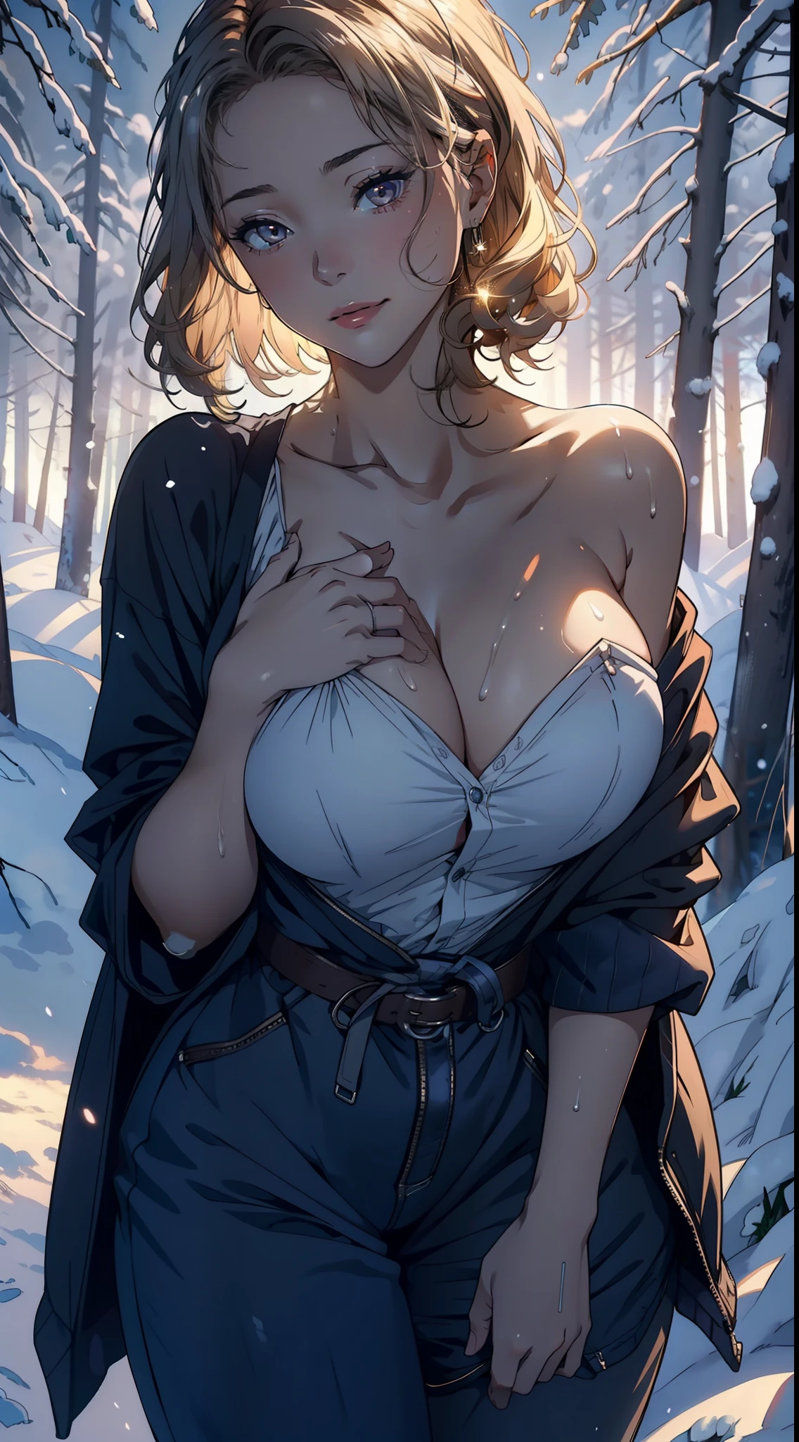 1female,45 yers old,Large breasts,Pornographic exposure, 独奏,(Background with:coniferous forest,at winter season,Snow on the ground) She has short blonde hair, standing on your feet,Sweat profusely,drenched all over the body,From the front side, curlies, mostly cloudy sky,(((tmasterpiece),(Very detailed CG unity 8K wallpaper),best qualtiy,cinmatic lighting,detailed back ground,beatiful detailed eyes,Bright pupils,(Very fine and beautiful),(Beautiful and detailed eye description),ultra - detailed,tmasterpiece,)),facing at camera,A high resolution,ultra - detailed),Teachers,blackstockings,revealing breasts