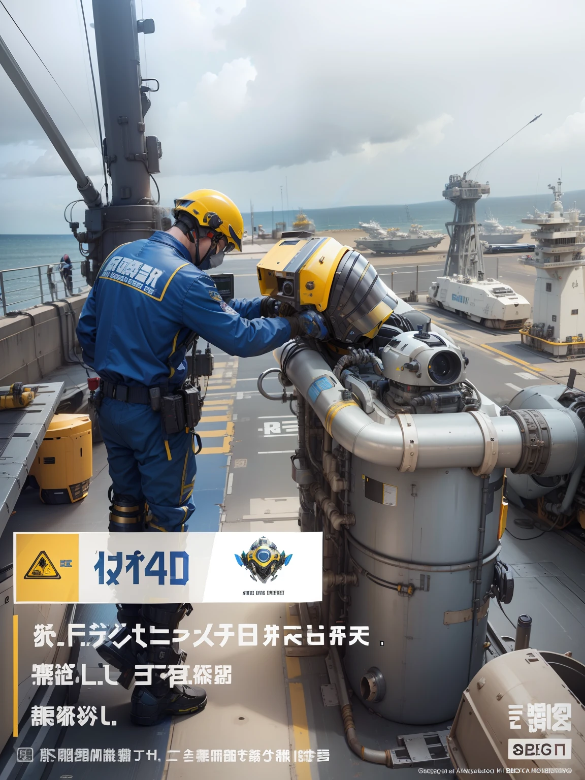 A robot,Realistic details of futuristic cyberpunk,yellow helmets,Dressed in a blue mechanical armor,In the repair of pipes on aircraft carriers,8K,Background with:On A-class aircraft carriers by the sea