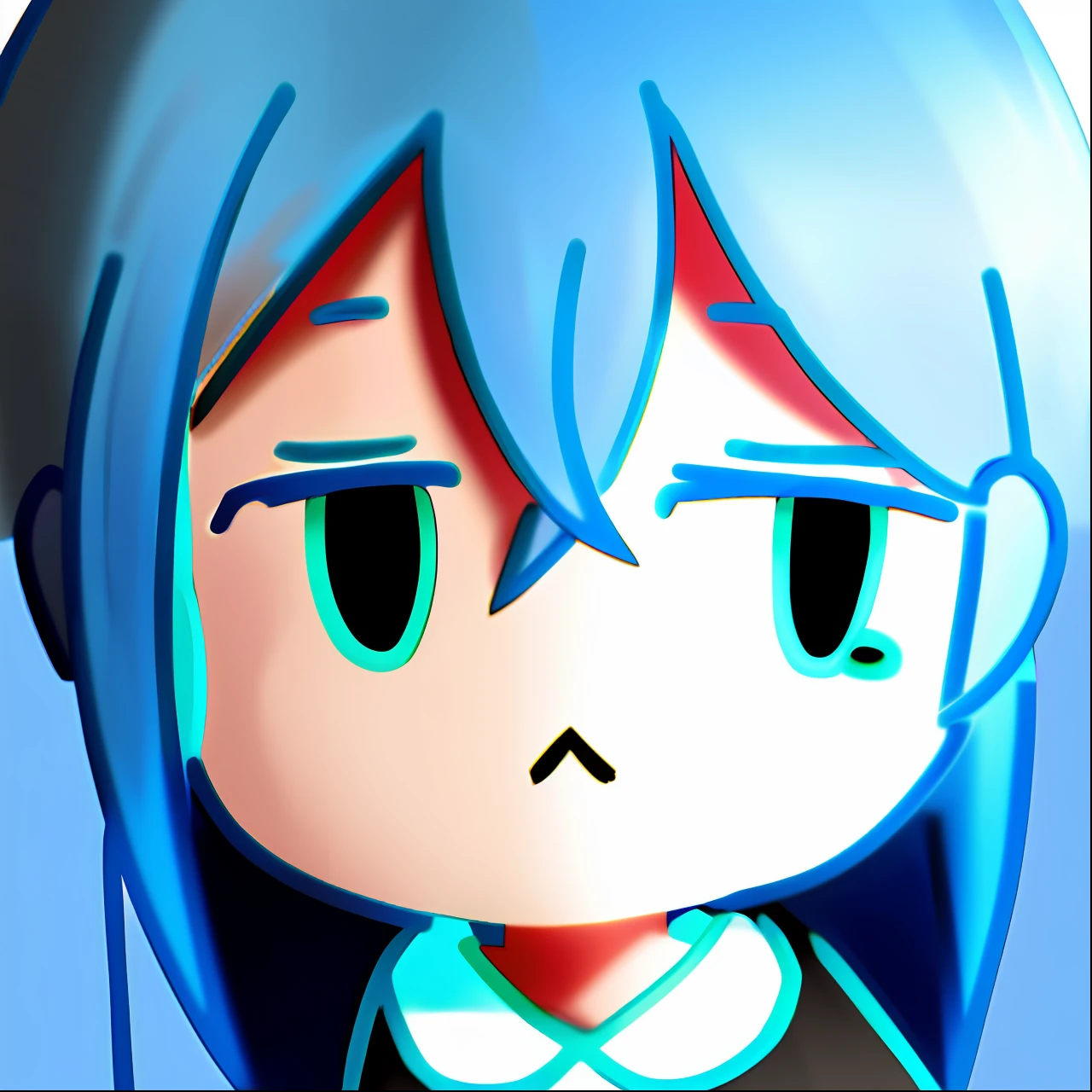 Cartoon girl with blue hair and black shirt looking at what, mikudayo, rimuru, sad kawaii face, she has a cute expressive face, Frowning, hatsune miku face, cute anime face, slightly happy facial expression, 2 d anime style, sad frown, Anime face, sad cerulean eyes, smiling wryly, cynical face