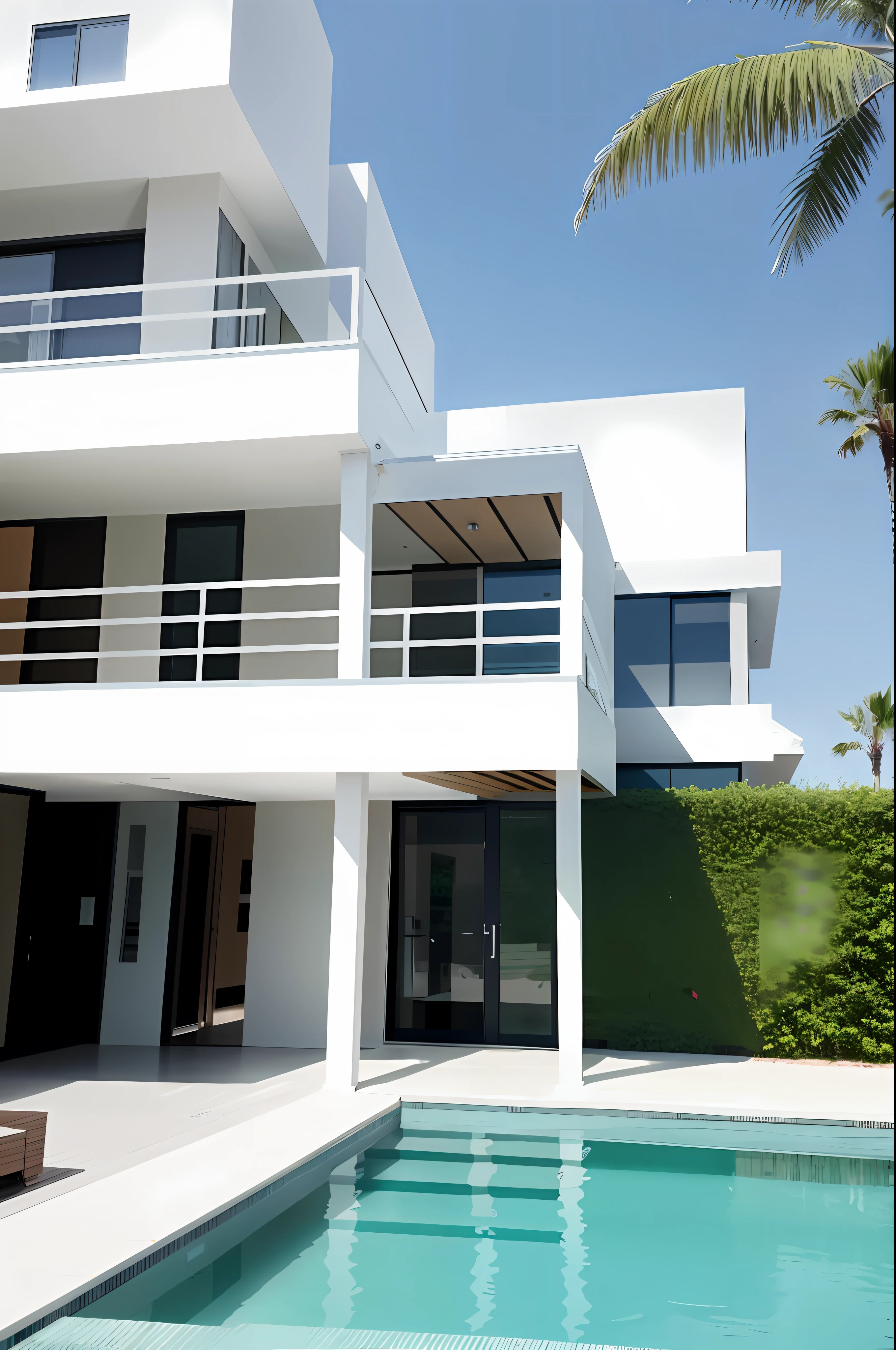 modern architecture of new complex home, high building and low building, good perspective, front pool and courtyard, , trees, sky, cloud, realistic, illustation, (8K, masterpiece), (best quality), (high resolution), (extremely full detailed)
