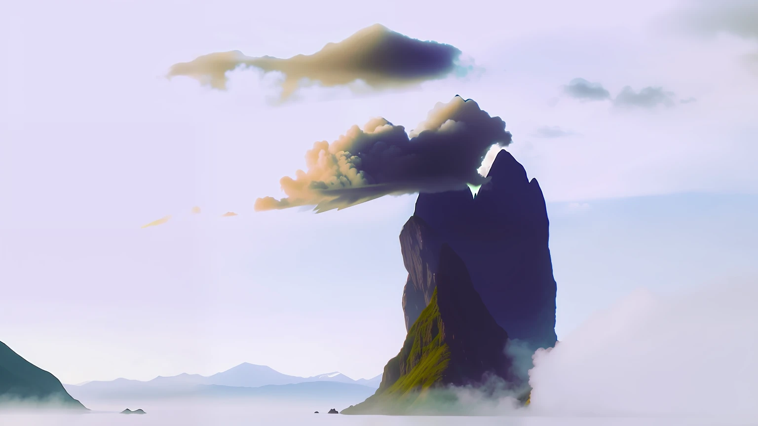There are mountains and water, and a few wisps of green smoke