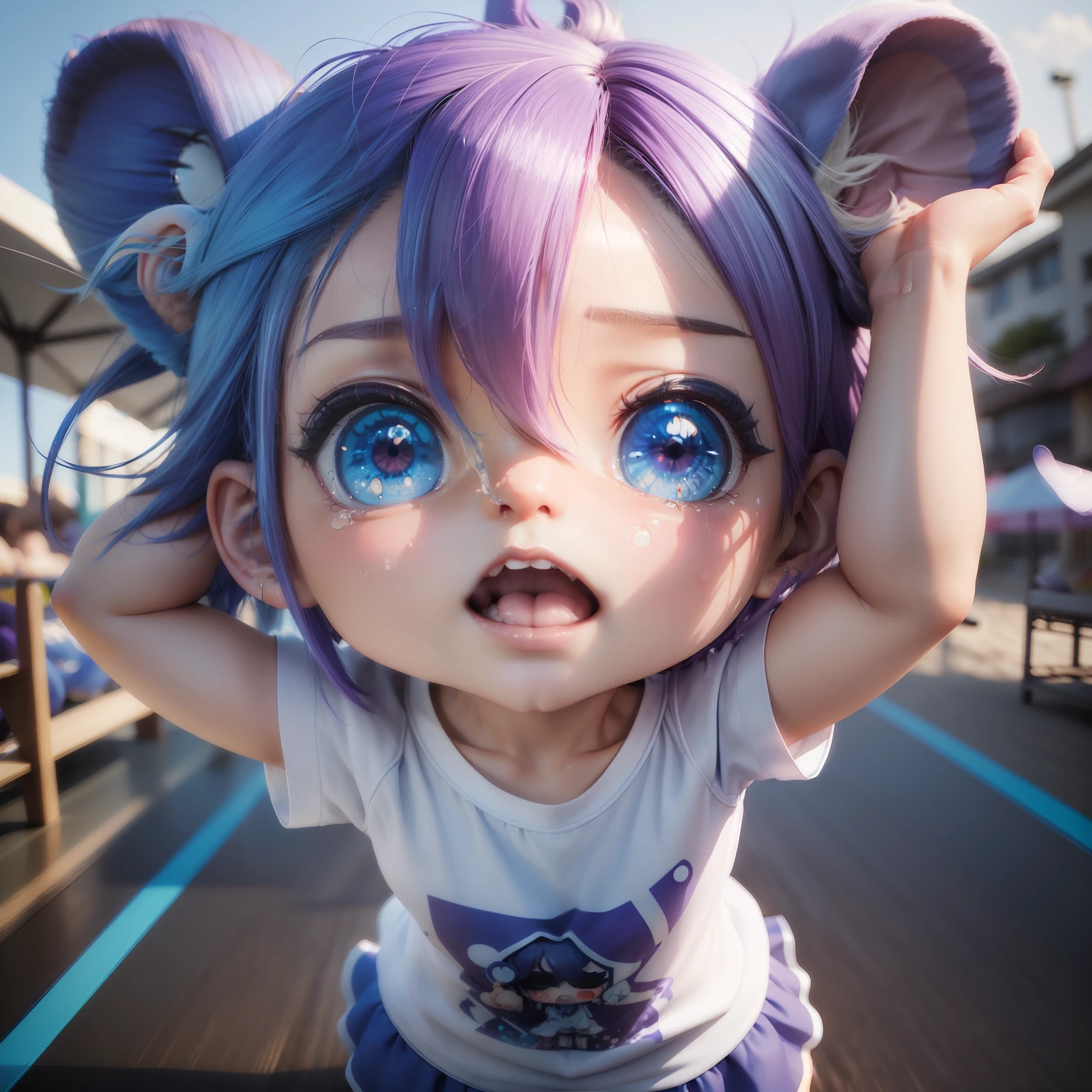 (((Chibi 3D)))Cute and beautiful chibi anime,Bob style hair mixed with light blue and blue、Wearing purple colorful t-shirt,upperbody shot,is crying,Tears,Screaming,「Reach out and bring it to the side of your face、「Hello」Let's call out loud」 Summer Beach,(((Beast Earless Character