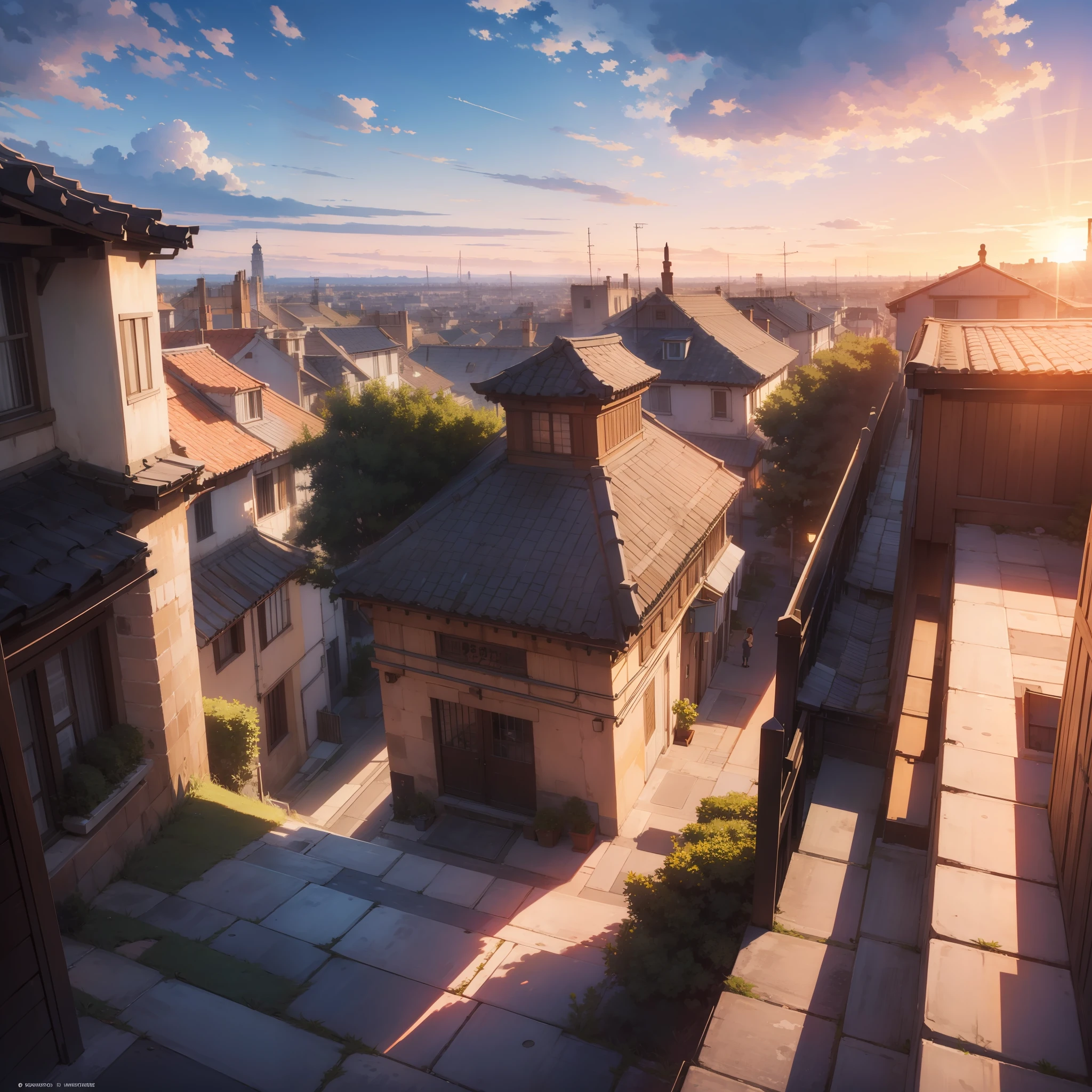 (Masterpiece) looking from above from an old tower overlooking the city, clouds on the horizon, vibrant colors, intense colors, Ghibli, sunset time,
