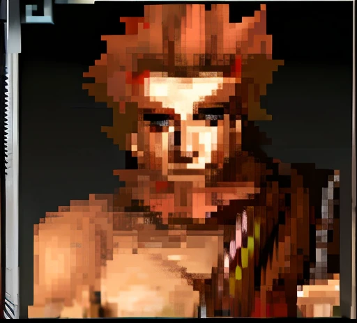 Close-up of pixel image of a man holding a sword, As a character in Tekken, kefka ff6, gilgamesh, yakisugi, Wukong, character select portrait, berserker potrait, jrpg character, picture of an adult male warrior, Portrait of Crono, hundred. Detailed, satyr, ashoka tano