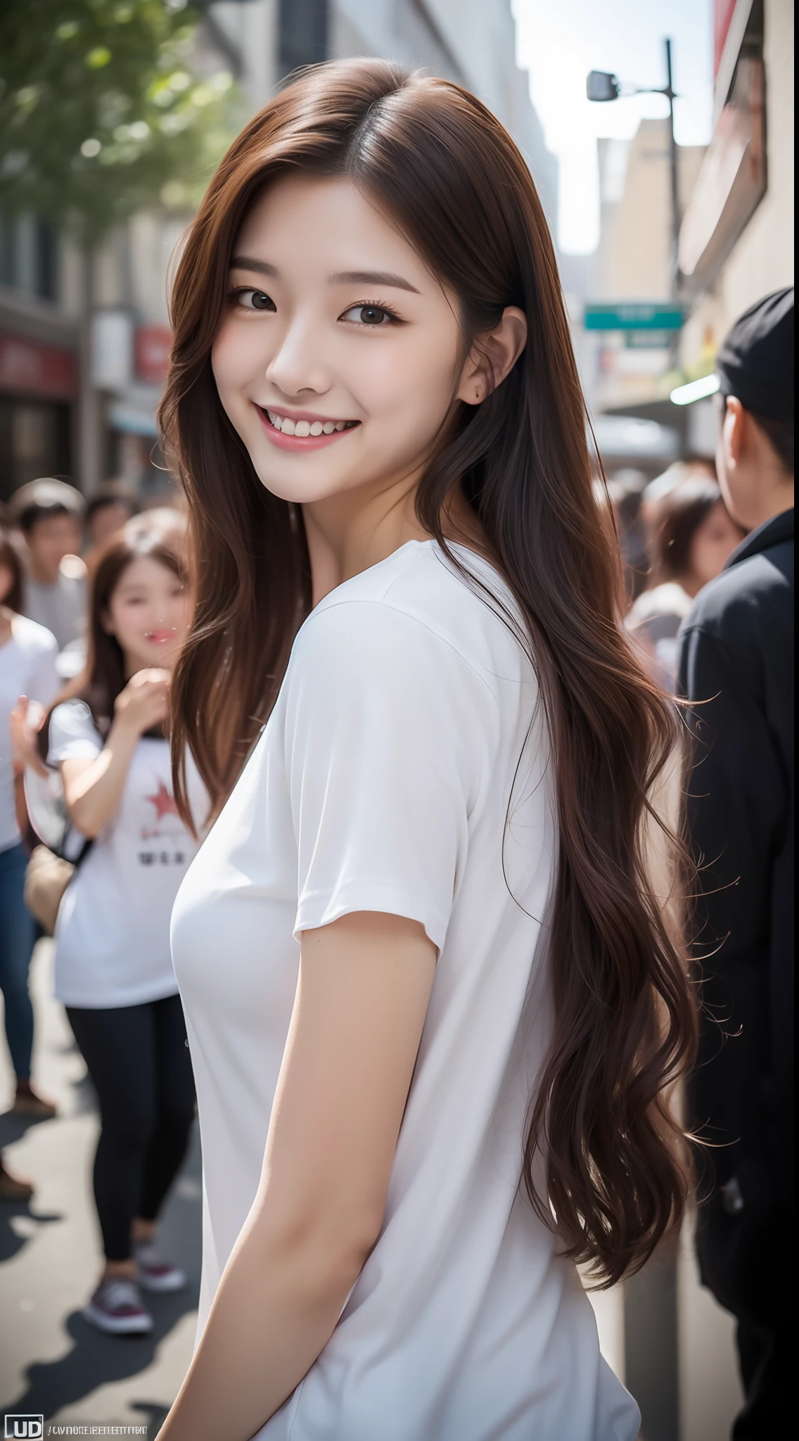 realistic photos of (1 cute Korean star) wavy hair, thin makeup, 32 inch breasts size, slightly smile, wearing flag pattern t-shirt, at the street alley, crowded is backdrop, upper body portrait, UHD
