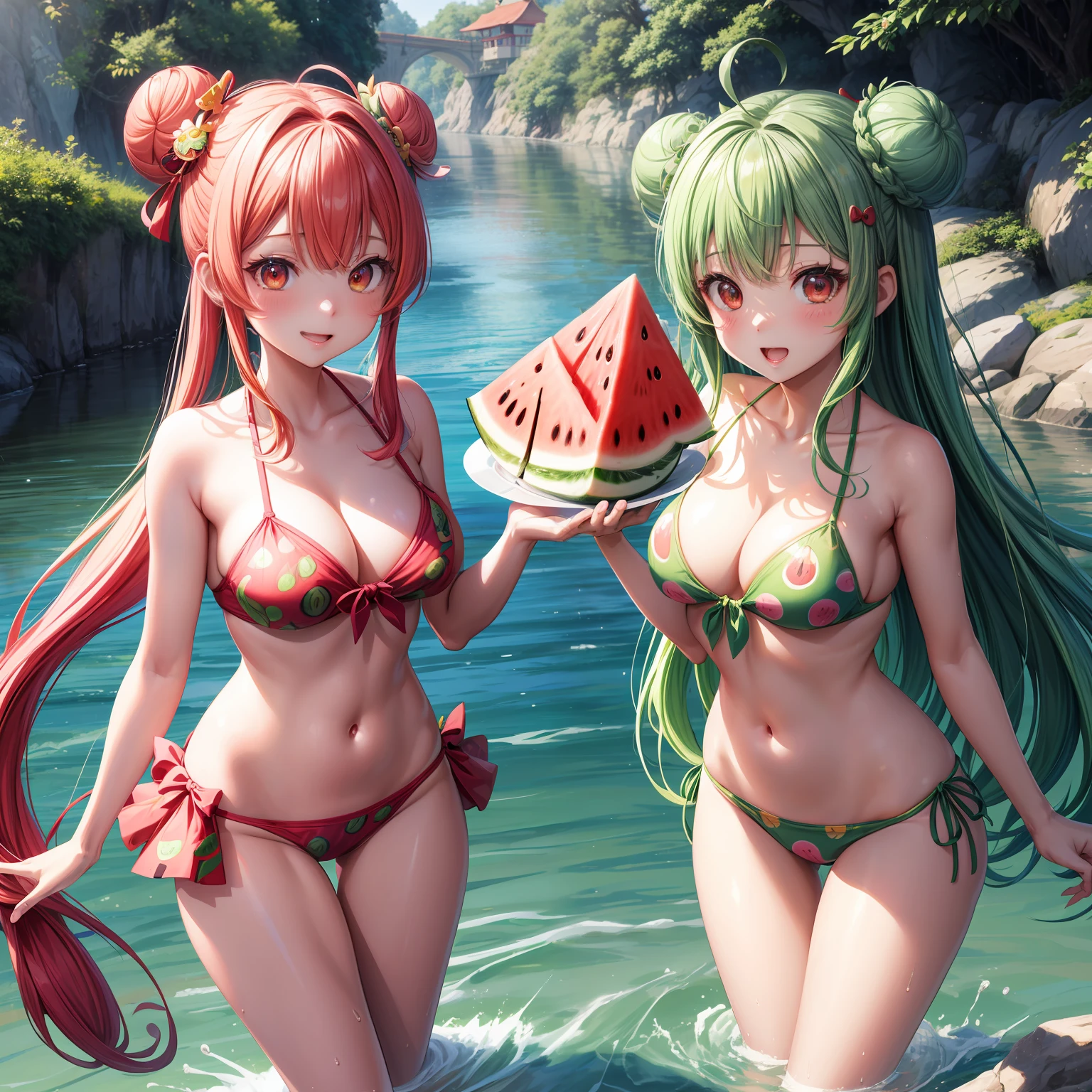 masutepiece、kawaii、high-level image quality、hiquality、realisticlying、女の子 1 人、Bun head、Green hair、Watermelon print bikini、red eyes、radiant eyes、watermelons、夏天、a river、