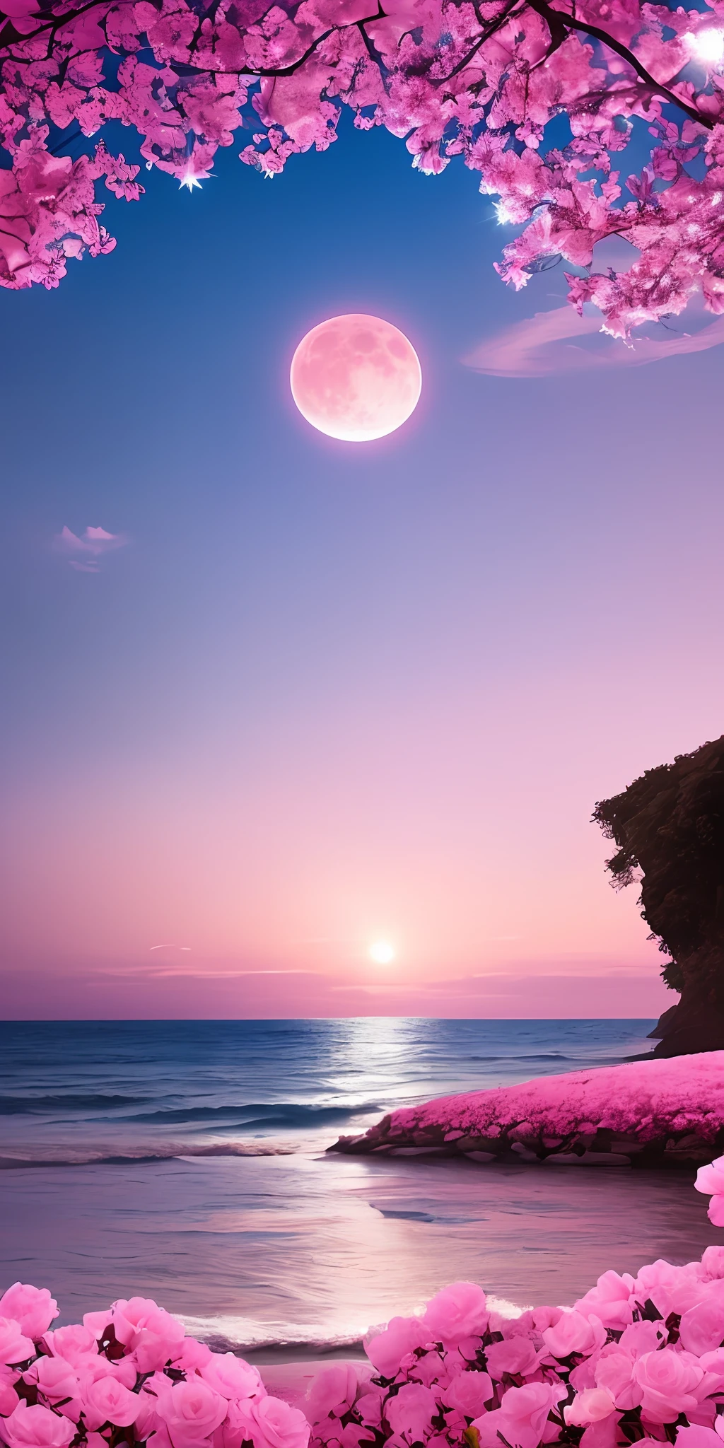 Pink moon, pink sky, soft pink clouds, pink ocean waves sparkling, sparkling, pink roses on pink ocean, fantasy, diamond, crown, universe, soft lights,