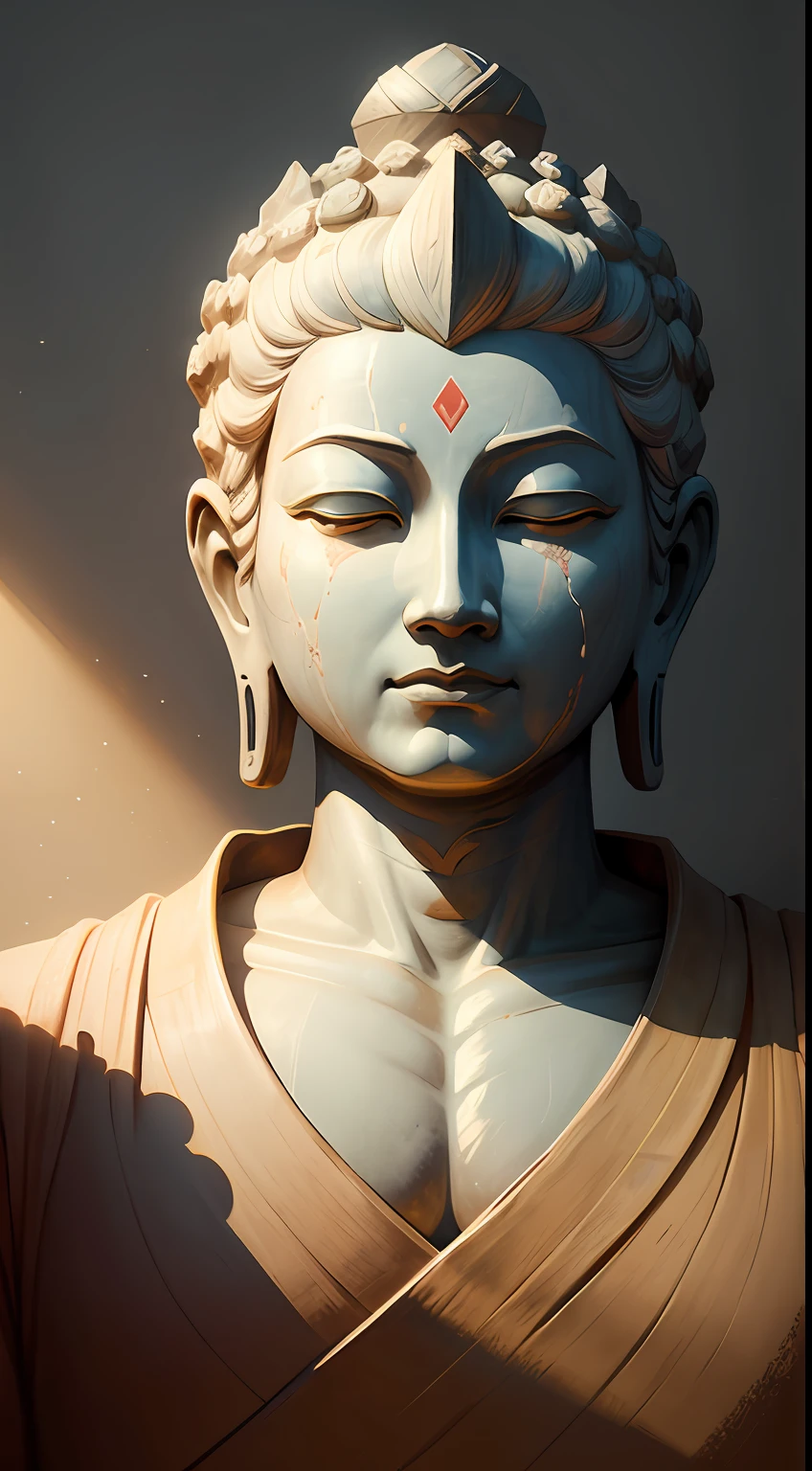 BUDDHA STATUE,had his hands folded,((Tears of pity)),(The murals are brightly colored,Sin embargo, It is slightly corroded by the environment),(8k wallpaper),(Ancient Chinese folk painter painting style),(Watercolor style painting),(Noticeable light and shadow effects),(Ray traching),(There is light particle tracing),(Fantasy mythological style),style of surrealism,(Extremely expressive drawing technique),Creative inspiration:Dunhuang murals,Ray creation
