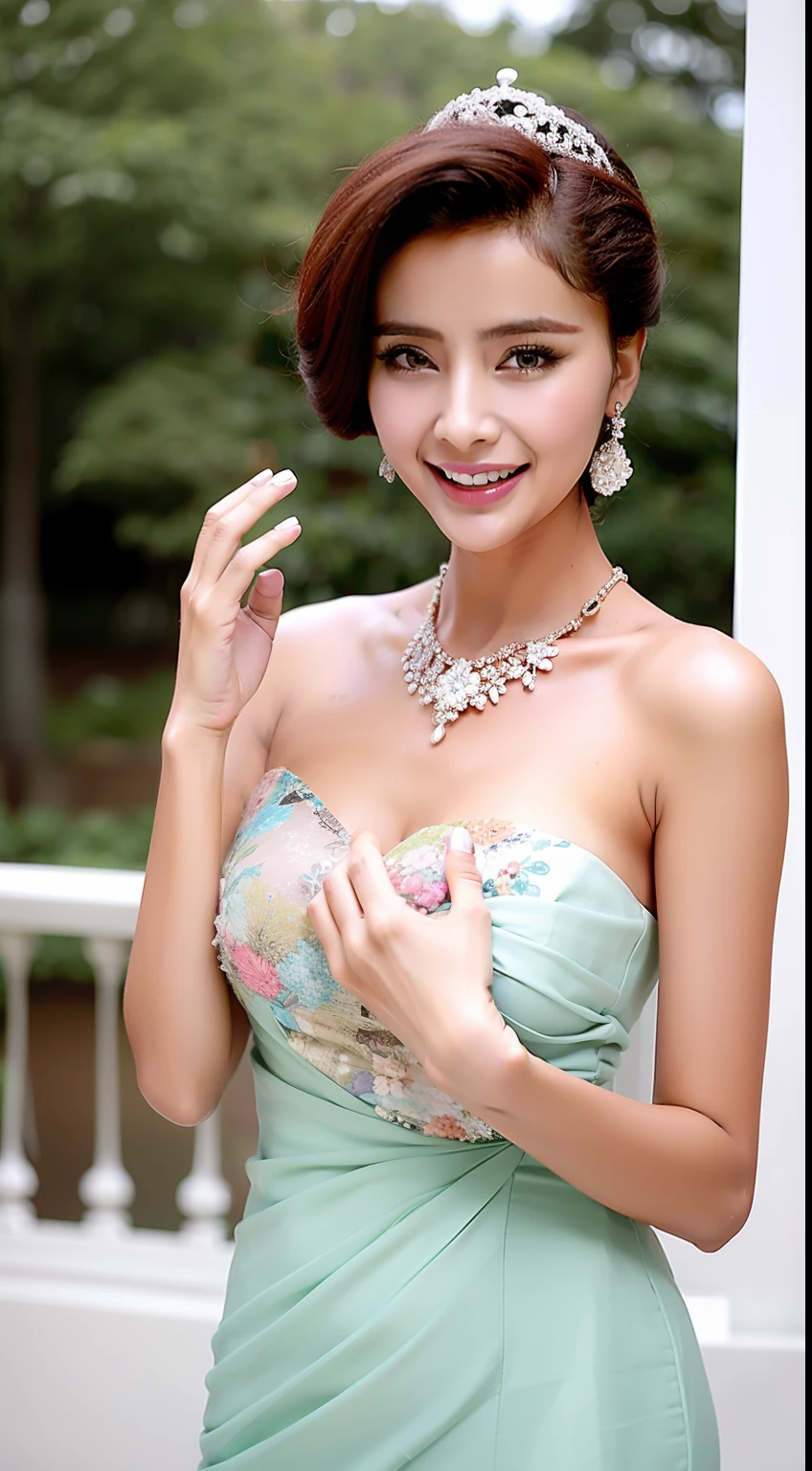 Fashion model 18 years old [[[[closeup cleavage]]]], [[[[boobgasm]]]], [[[[coll]]]], [[[[bshoulders]]]], perfect  eyes, Perfect iris，Perfect lips，perfect teeth，Perfect skin，Long face，slender nose，Soft front light，hdr，Movie girl，on cheongsam，long whitr hair，Long hair with a shawl，Long hair like a waterfall，Green trees and flowers in the background，（pastel colour：1.2）