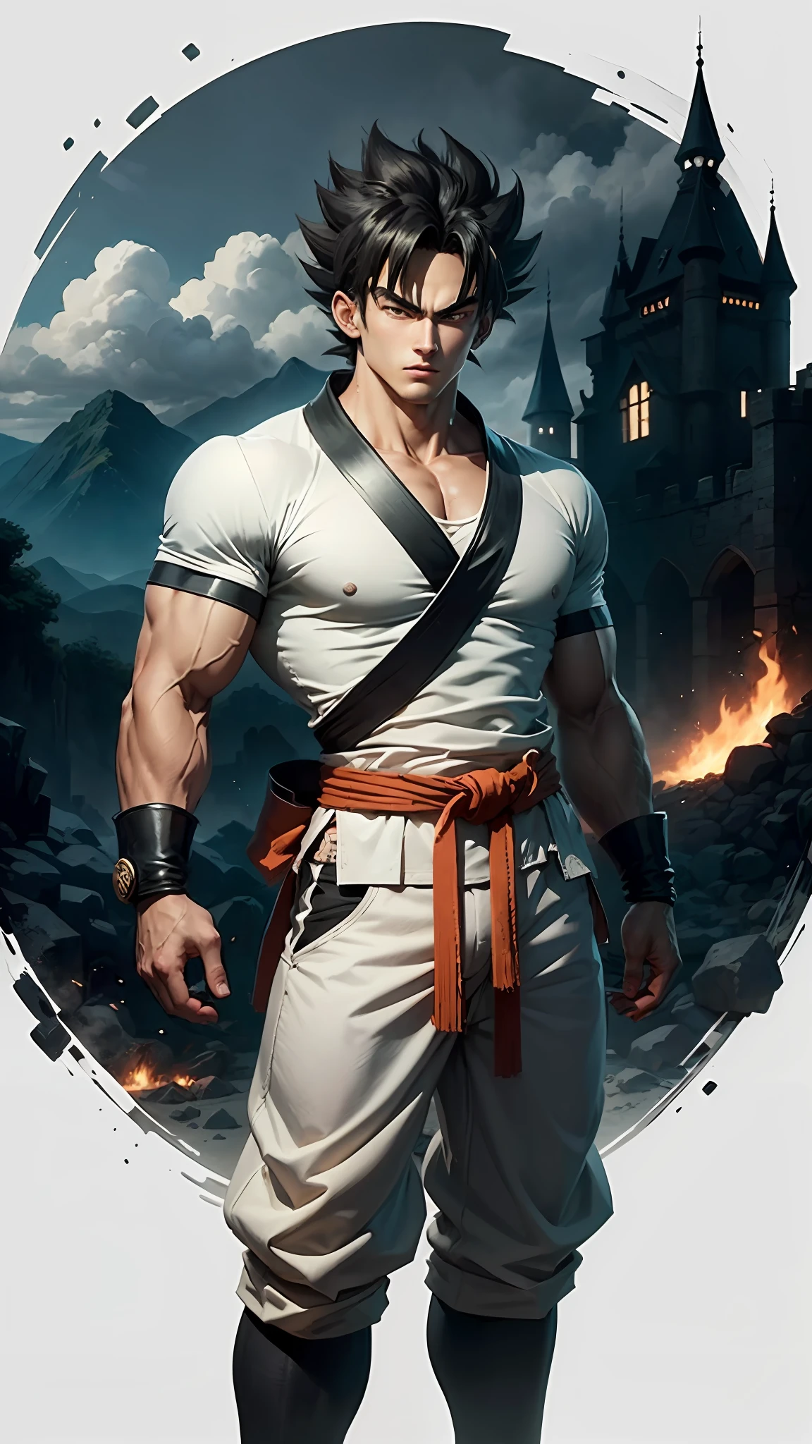 A 20-year-old broly wearing a white shirt and black belt, is a character from the Dragon Ball series. Dark old castle landscape. Standard body, finger drawing, beautiful double eyelids, handsome face, gliulian art style, highly detailed official artwork, jin shan, official art