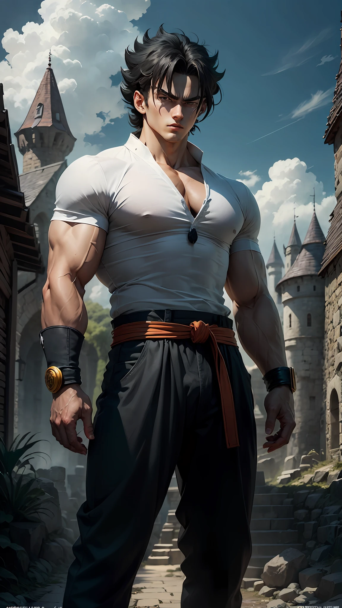 A 20-year-old broly wearing a white shirt and black belt, is a character from the Dragon Ball series. Dark old castle landscape. Standard body, finger drawing, beautiful double eyelids, handsome face, gliulian art style, highly detailed official artwork, jin shan, official art