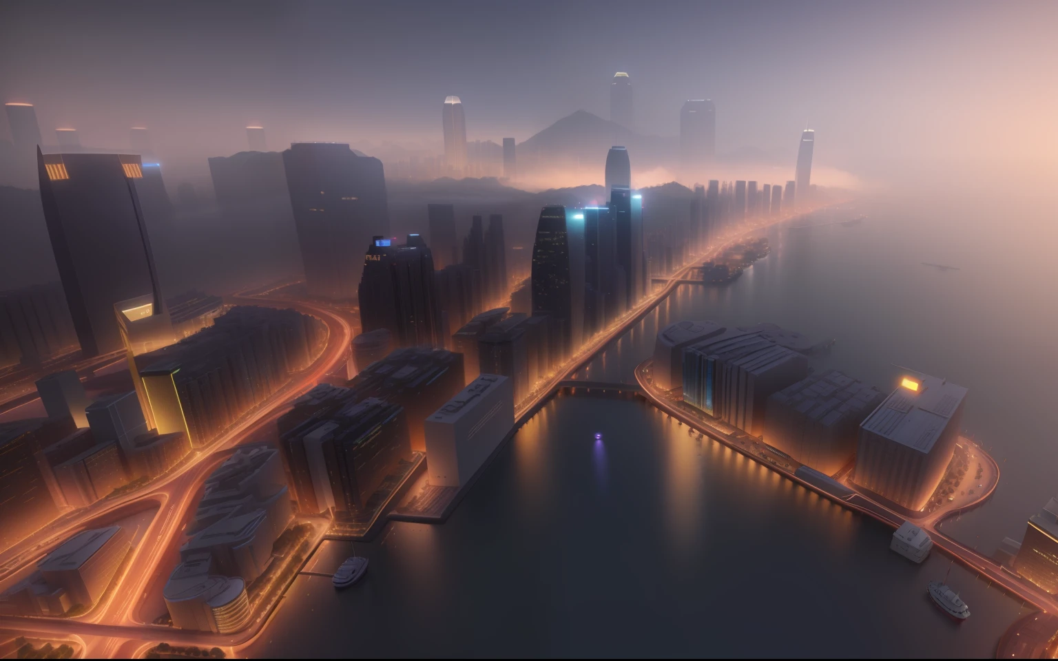 arafed view of a city with a river and a bridge, hong kong in the year 2020, matte painting v ray, realistic matte painting, hyperdetailed 3d matte painting, hyperdetailed 3d matte painting, 3d rendered matte painting, 3 d render and matte painting, 8 k matte painting, 8k matte painting