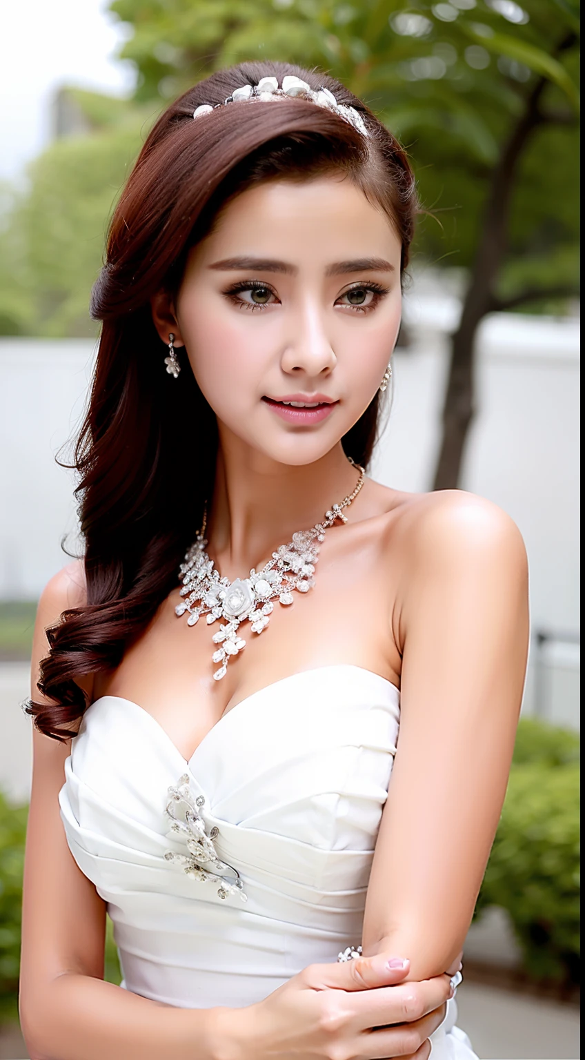Fashion model 18 years old [[[[closeup cleavage]]]], [[[[boobgasm]]]], [[[[coll]]]], [[[[bshoulders]]]], perfect  eyes, Perfect iris，Perfect lips，perfect teeth，Perfect skin，Long face，slender nose，Soft front light，hdr，Movie girl，on cheongsam，long whitr hair，Long hair with a shawl，Long hair like a waterfall，Green trees and flowers in the background，（pastel colour：1.2）