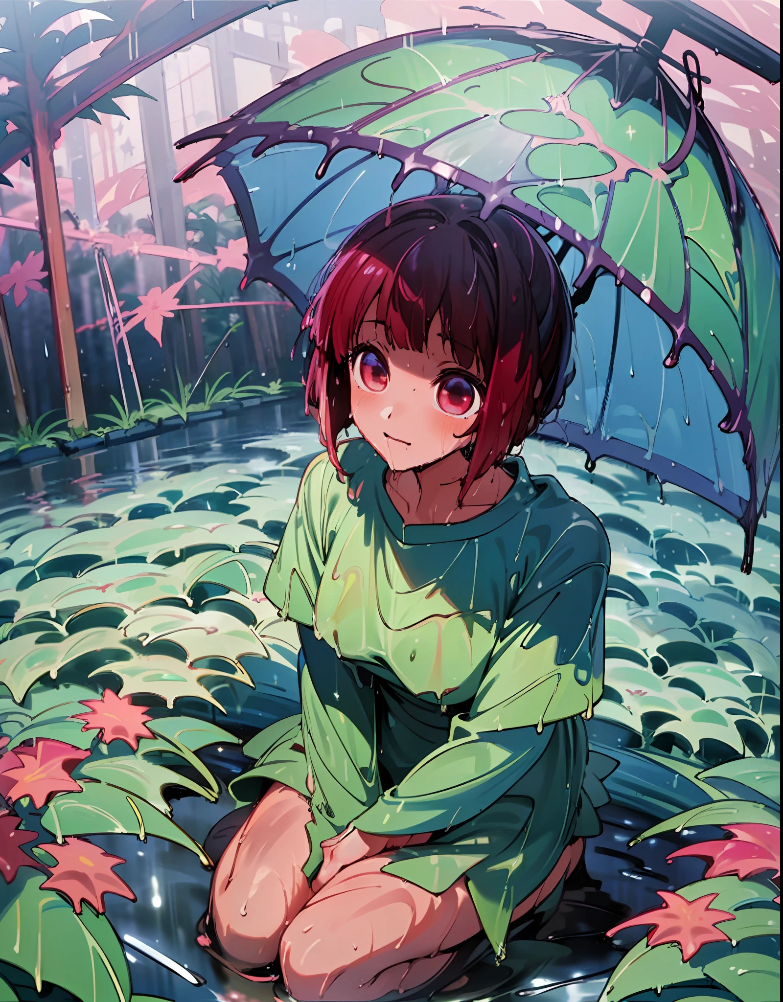 a girl, Arima Kana from Anime oshi no ko, (after the rain:1.5), sitting in a puddle, (night time, shining stars:1.3), (flower field, glowing, bloom, chromatic, colourful:1.3), (wet foliage:1.8)