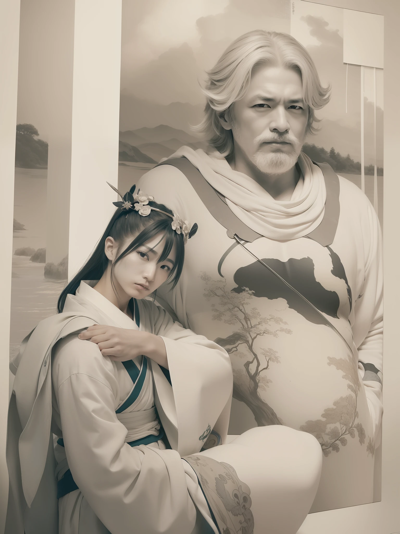 Repair hands、Yoshitoshi Tsukioka、River Seba Mizu、Man with a demon family、Beautiful and amazing face、((hightquality、8k、masterpiece:1.3))flawless,full color,blue clothr