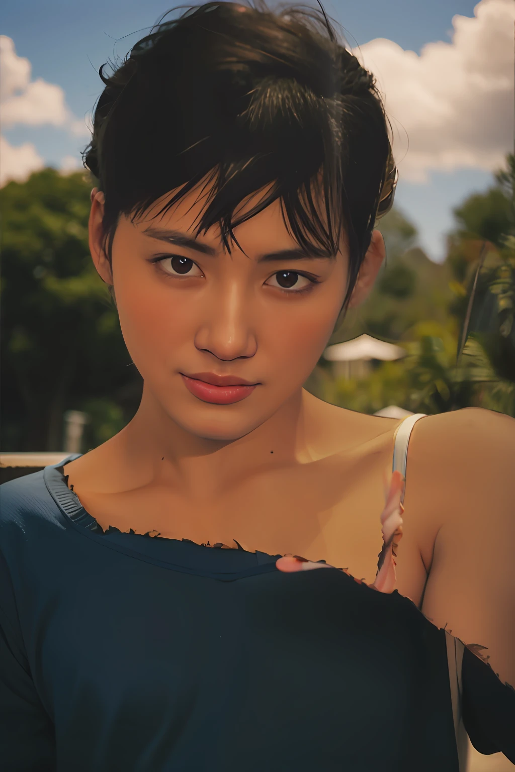 In a white shirt、light blue sky