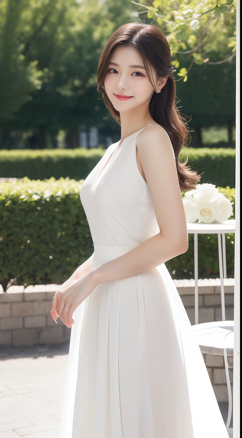 (A Korean Woman), (A Woman), Portrait Mode, Large Depth of Field, 45 Degree View, Royal Sister, Gentle, ((Best Quality, 8K, Masterpiece: 1.3)), Focus: 1.2, Standing Sideways, (Chest Close-up: 1.3), ((Delicate Long Hair)), Highly detailed face and skin texture, Detailed eyes, Double eyelids, Long eyelashes, (Snow white skin), Whitening skin, Smile, 20 years old, soft chiffon transparent dress, long skirt, Mercury dress, elegant dress, Wearing elegant dresses, dresses, soft elegance, beautiful dresses, wearing long dresses, elegant elegance, beautiful soft dresses, chiffon